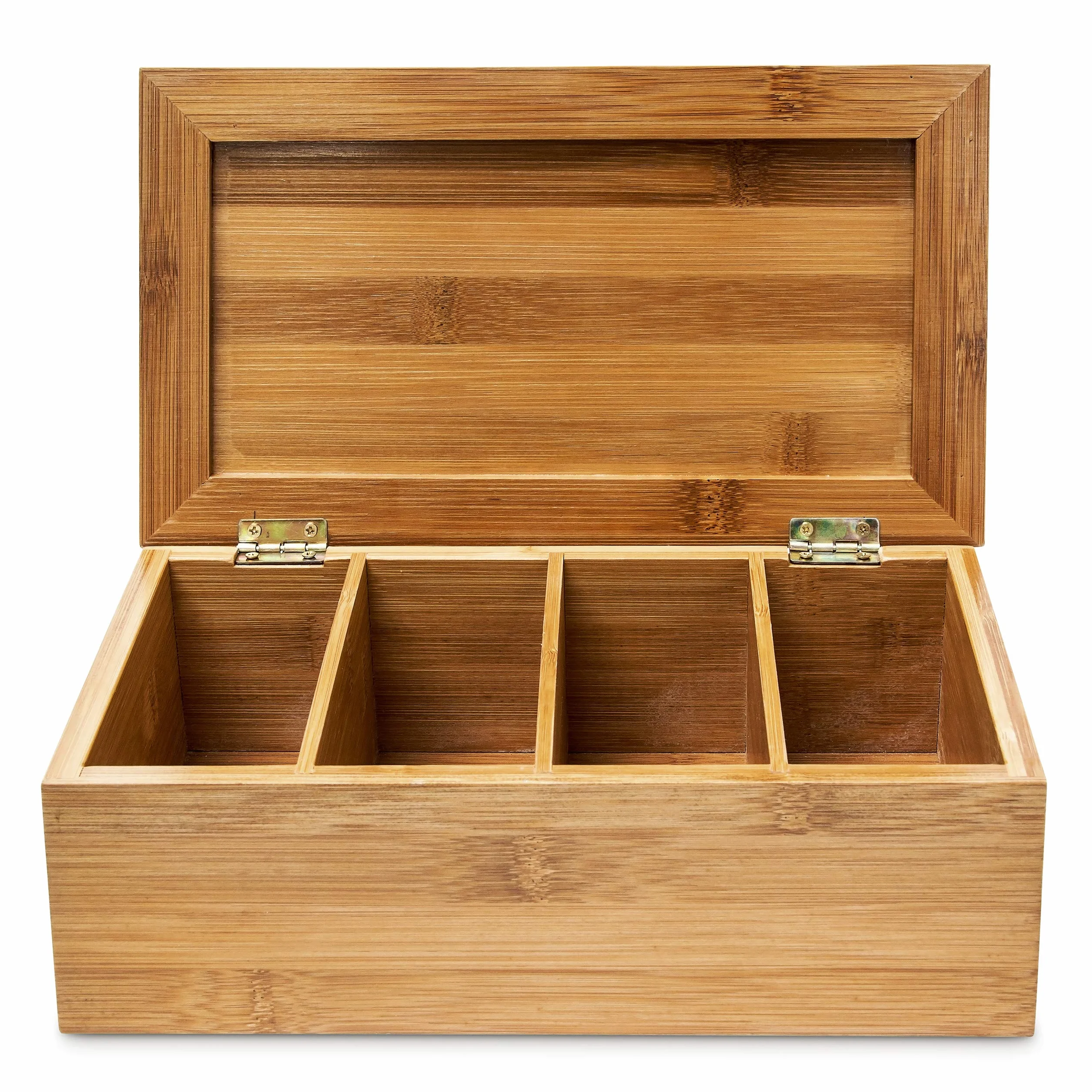 Relaxdays Pudełko na herbatę (wys. x szer. x gł.): 9 x 28,5 x 16 cm, z bambusa, z otwieraną pokrywką, puszka na herbatę z 4 przegródkami, na około 80 torebek herbaty jako pudełko na torebki herbaty i