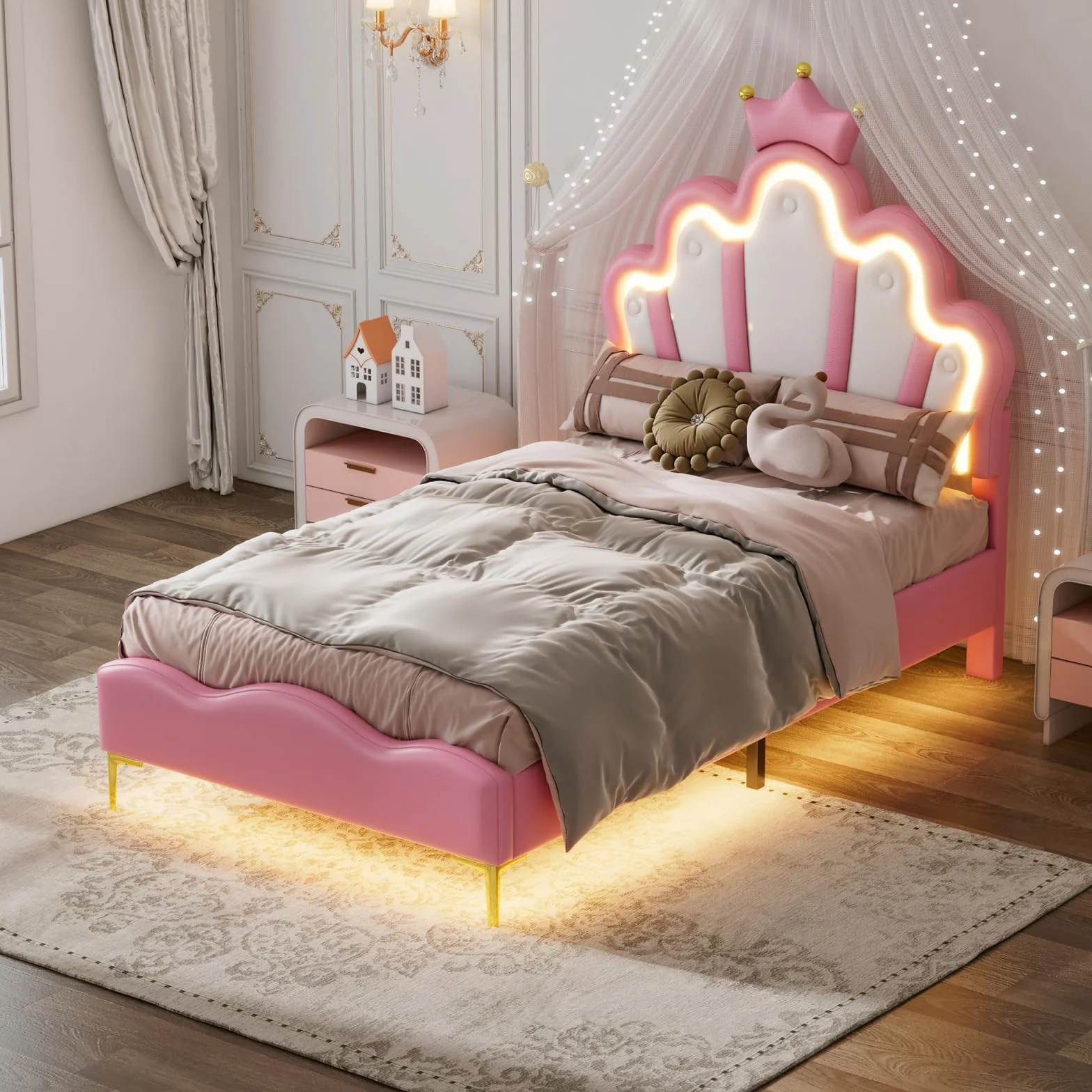 KeepGoon Łóżko dziecięce, tapicerowane, 90 x 200 cm, ze stelażem listwowym i oświetleniem LED, płaskie łóżko z zagłówkiem w kształcie chmury, łóżko księżniczki, w kształcie korony, miękkie wypełnienie