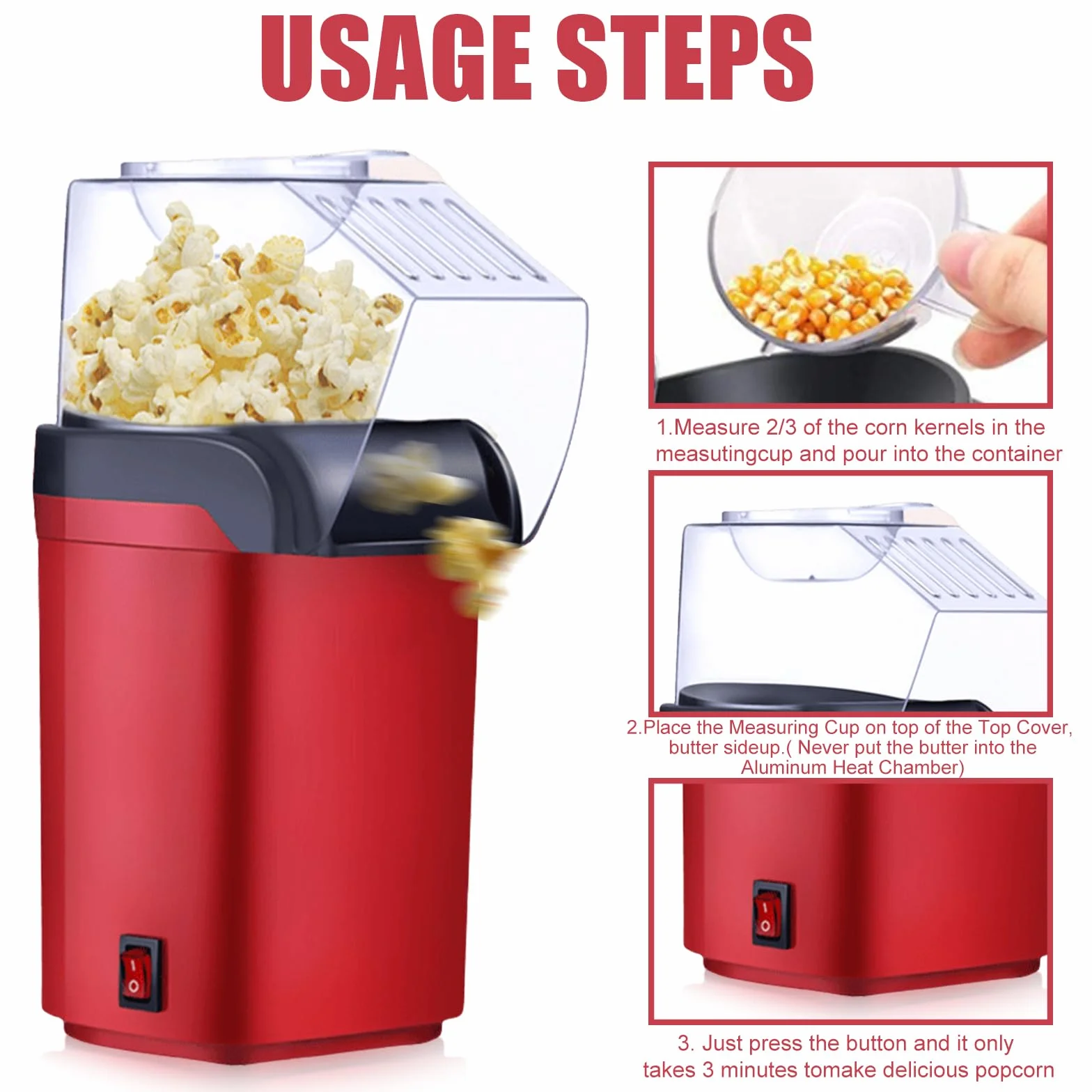 Maszyna do popcornu na gorące powietrze 1200 W beztłuszczowa szybki popcorn 2-3 minuty obsługa jednym dotknięciem kompaktowy