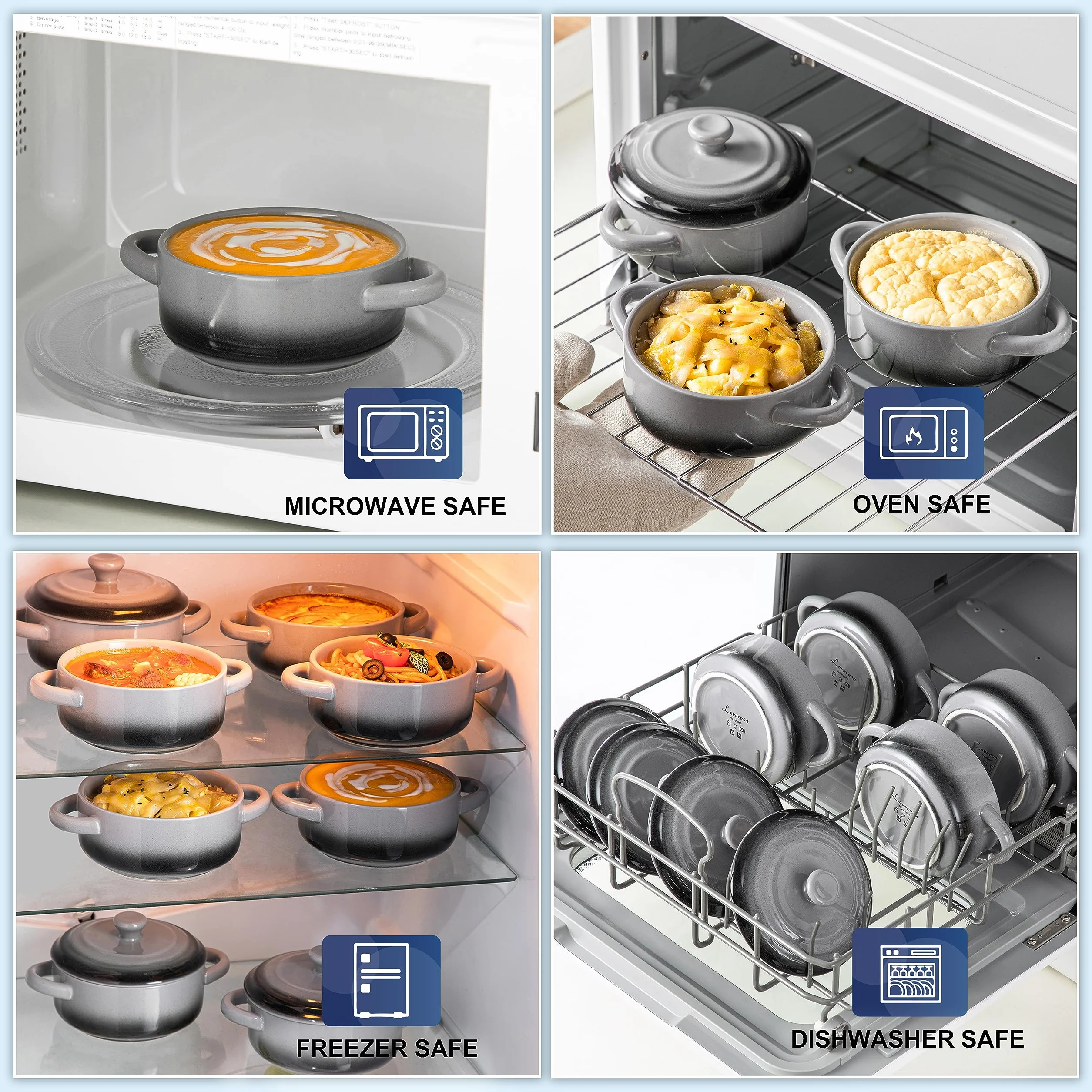 LOVECASA Małe naczynie do zapiekania do piekarnika, ceramiczny mini zestaw koktajli 350 ml, francuskie miski do zupy cebulowej z pokrywkami i uchwytem, ramekiny do gulaszu, lasagne, zestaw 4 szt
