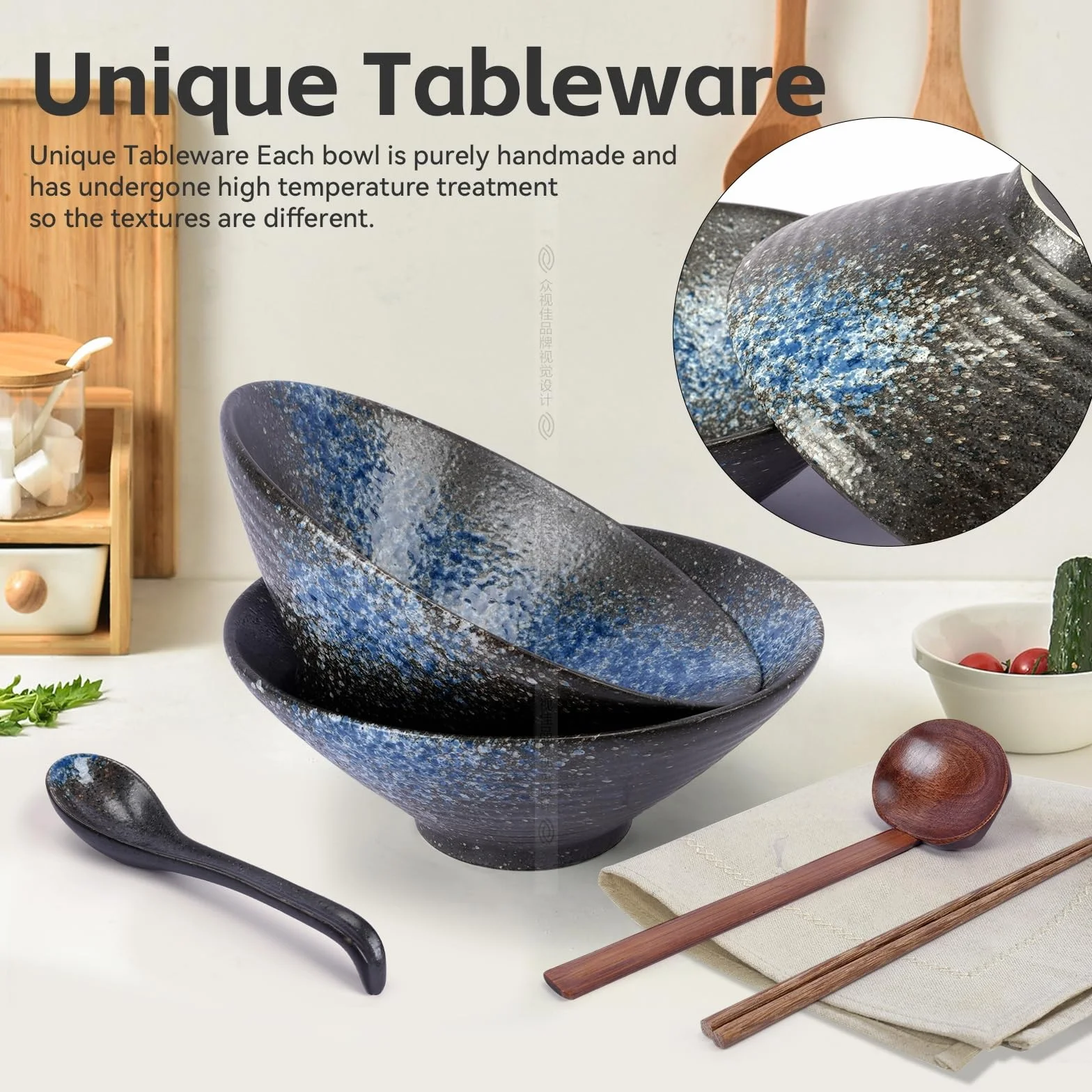 Miska Ramen,Ceramiczny Zestaw Misek Rameno, 2 X 1000ML Ceramiczna Miska do Ramenu,Japońska Miska do Ramenu do Makaronu, Tradycyjny Azjatycki Zestaw Naczyń do Udon, Makaronu, Pho, Soba