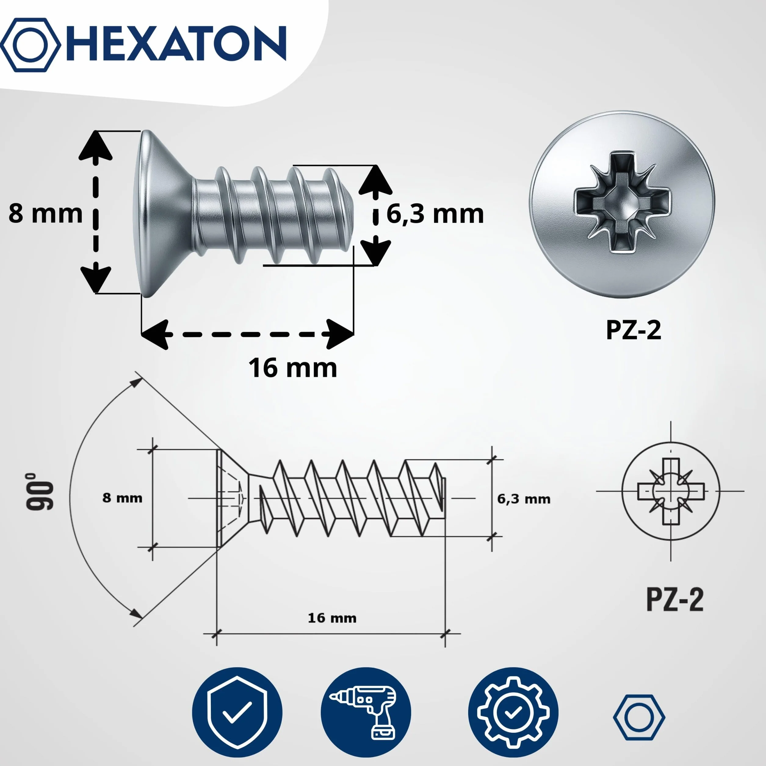 HEXATON Wkręty Euro z Łbem Stożkowym Pozidriv 6,3 x 16 mm - 100 Sztuk - Stal w Ocynku Białym - Gwint do Drewna Wkręty na Całości