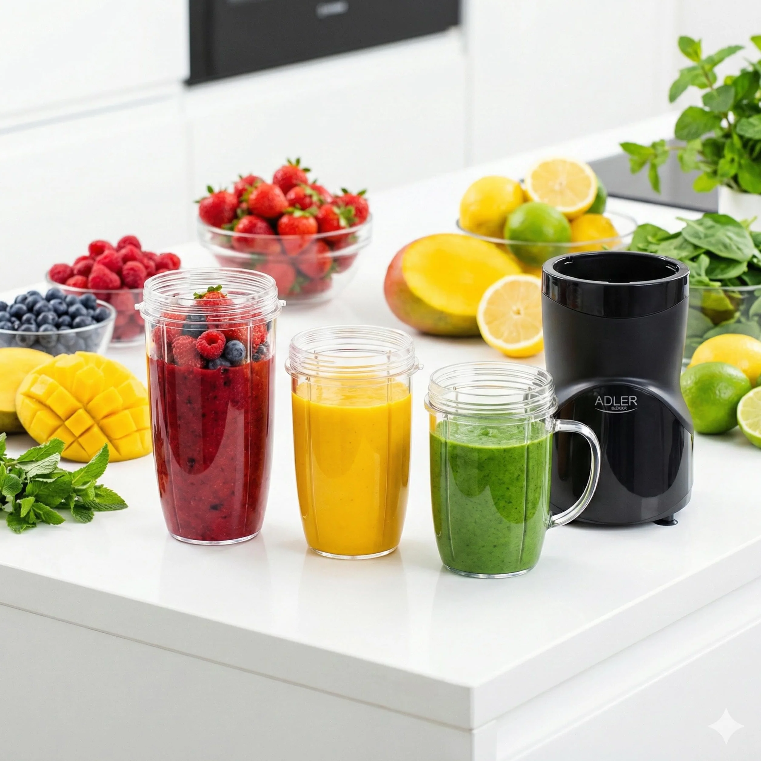 ADLER EUROPE Blender kielichowy, blender do smoothie i do koktajli, mikser personalny, kruszy lód, 1200W, wolne od BPA, 3 bidony i kubek, ostrza ze stali nierdzewnej z 4 nożami i z 2 nożami