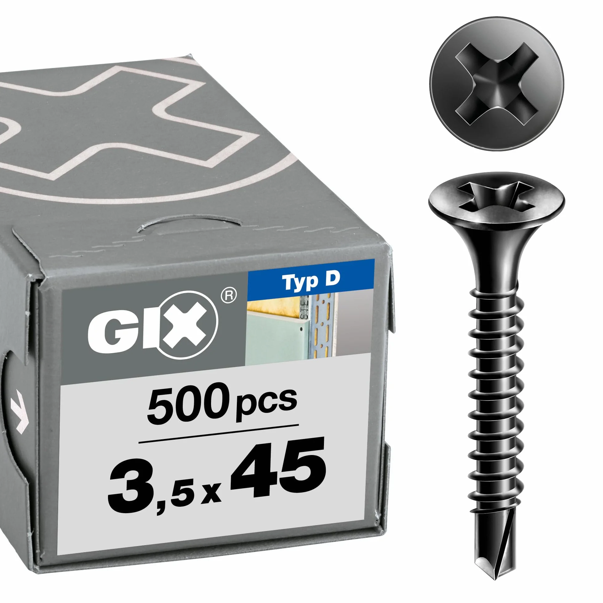 SPAX GIX-D śruby do szybkiego montażu 3,5 x 45 mm, pełny gwint, 500 sztuk, końcówka wiertnicza, rowek krzyżowy H2, łeb trąbkowy, śruby do płyt gipsowo-kartonowych do wzmocnionych profili metalowych – 1991170350455