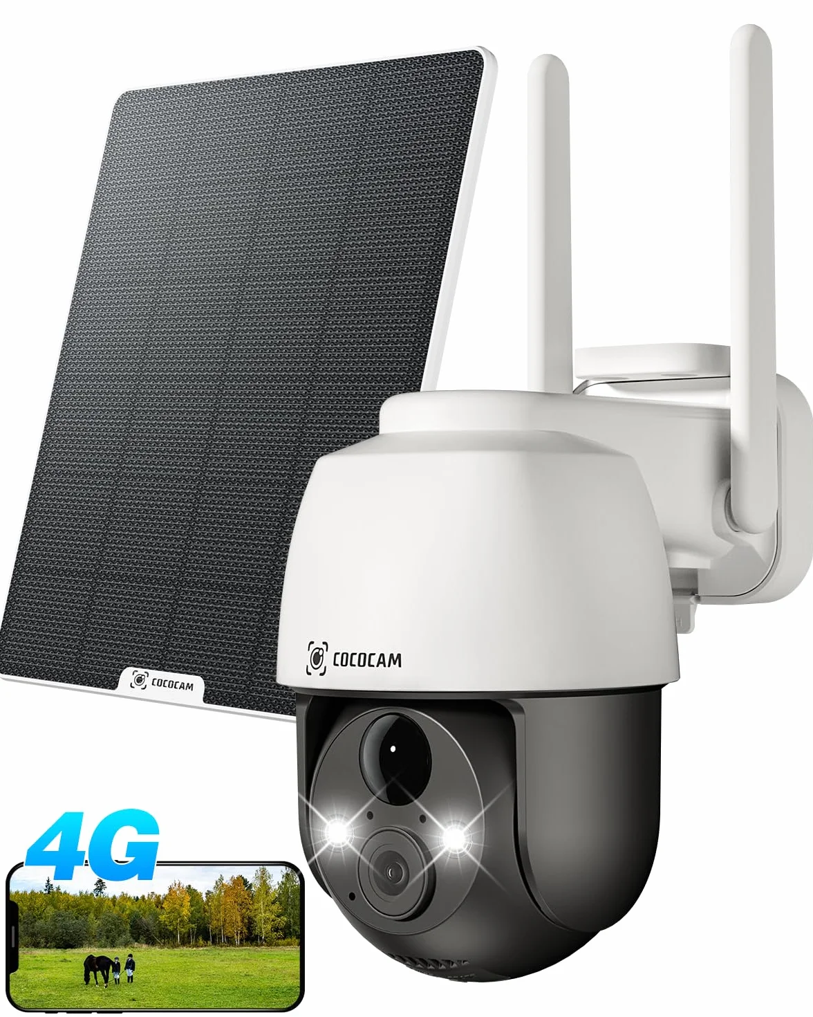 COCOCAM 3G/4G LTE bez kamery bezpieczeństwa WiFi, słoneczna kamera bezpieczeństwa 2K na zewnątrz, bezprzewodowa, wykrywanie ludzi PIR, rozpoznawanie AI,karta SIM w zestawie, współpracuje z Alexą
