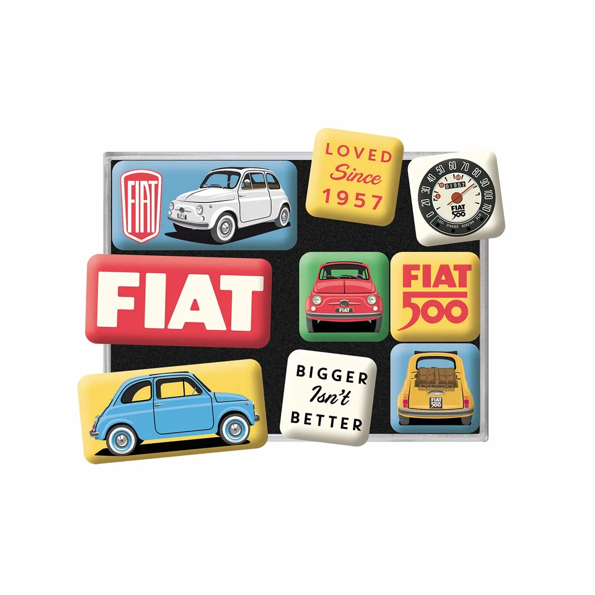 Nostalgic-Art Retro magnesy na lodówkę, 9 sztuk, Fiat 500 – Loved Since 1957 – Pomysł na prezent dla miłośników Fiata, Official License Product (OLP), zestaw magnesów, Styl vintage