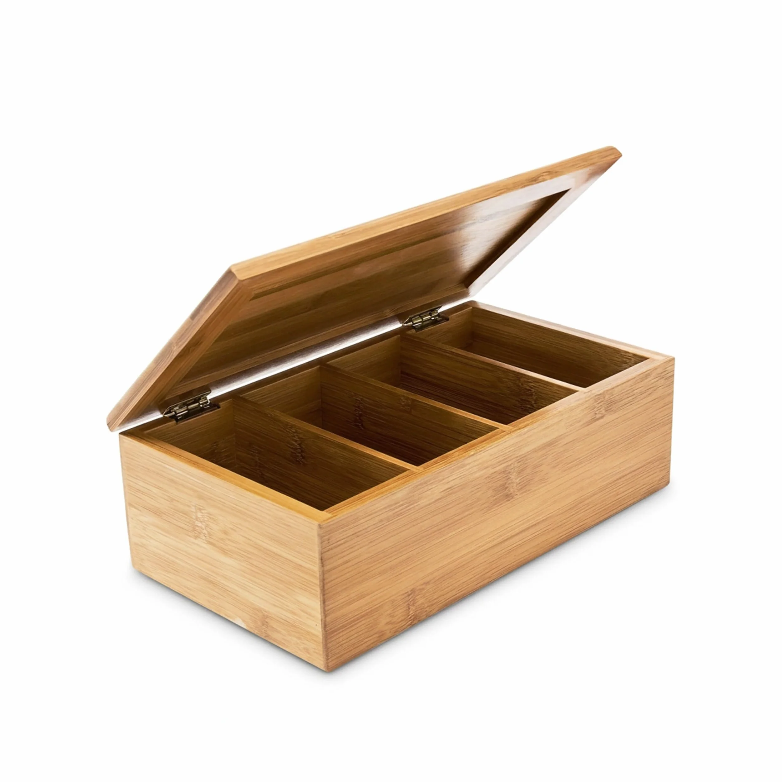 Relaxdays Pudełko na herbatę (wys. x szer. x gł.): 9 x 28,5 x 16 cm, z bambusa, z otwieraną pokrywką, puszka na herbatę z 4 przegródkami, na około 80 torebek herbaty jako pudełko na torebki herbaty i