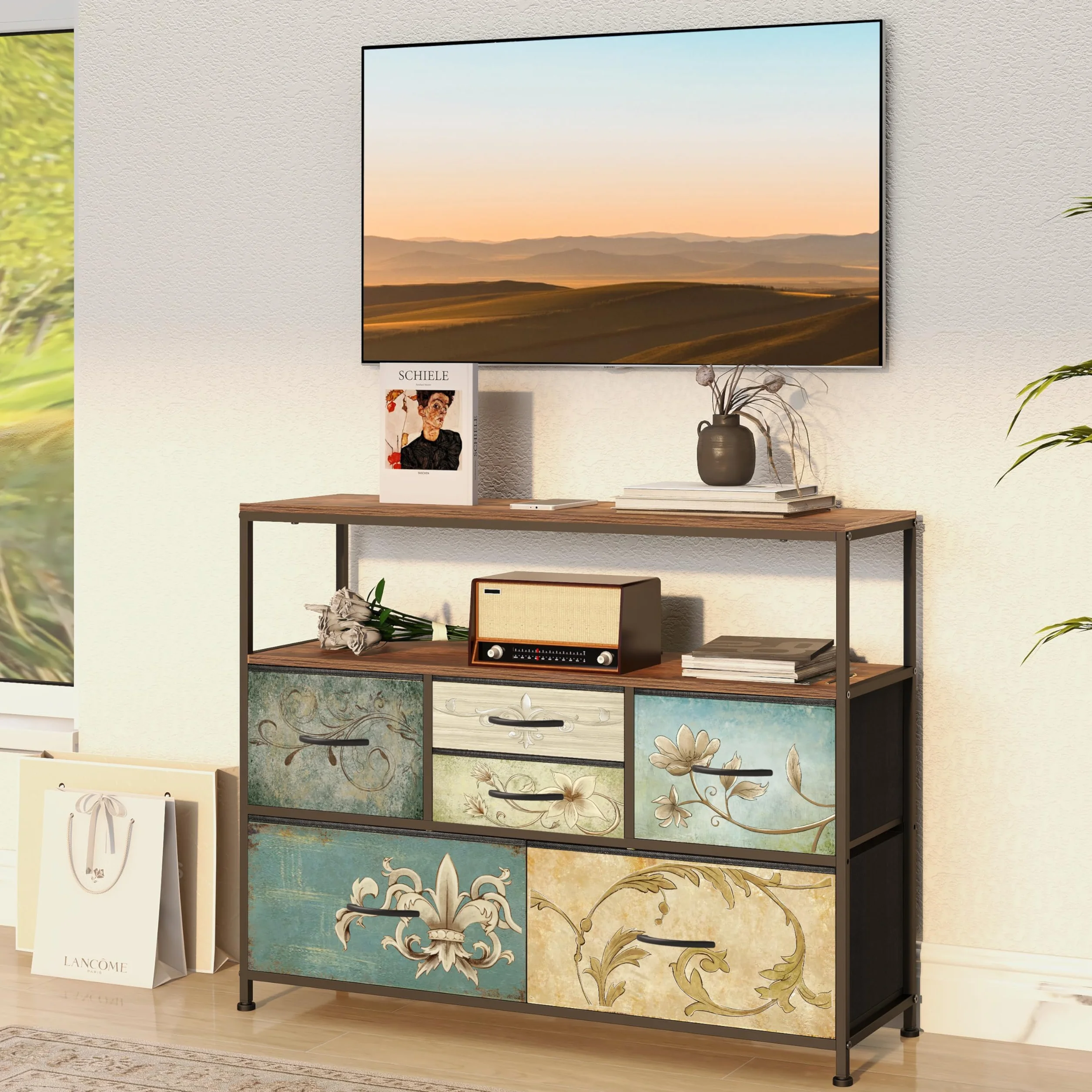 VEDECASA Komoda z 6 szufladami z materiału, styl boho, szafka pod telewizor, stojak do sypialni, komoda z drewnianym blatem, szufladami z materiału, metalowy stelaż do salonu, sypialni, korytarza