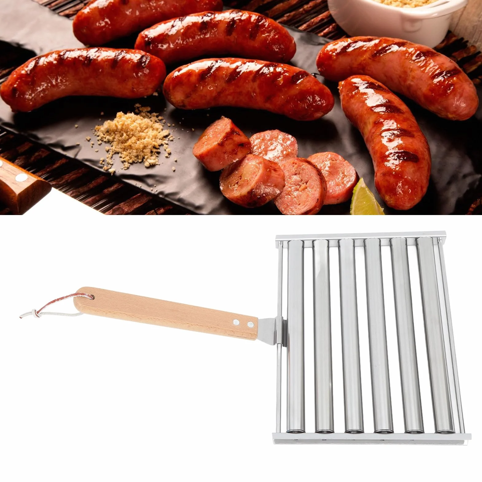 STOJAK NA WAŁKI DO HOT DOGÓW ZE STALI NIERDZEWNEJ Z DREWNIANYM UCHWYTEM NA NARZĘDZIA DO GRILLOWANIA (Dł. 30 cm / 11,8 cala)