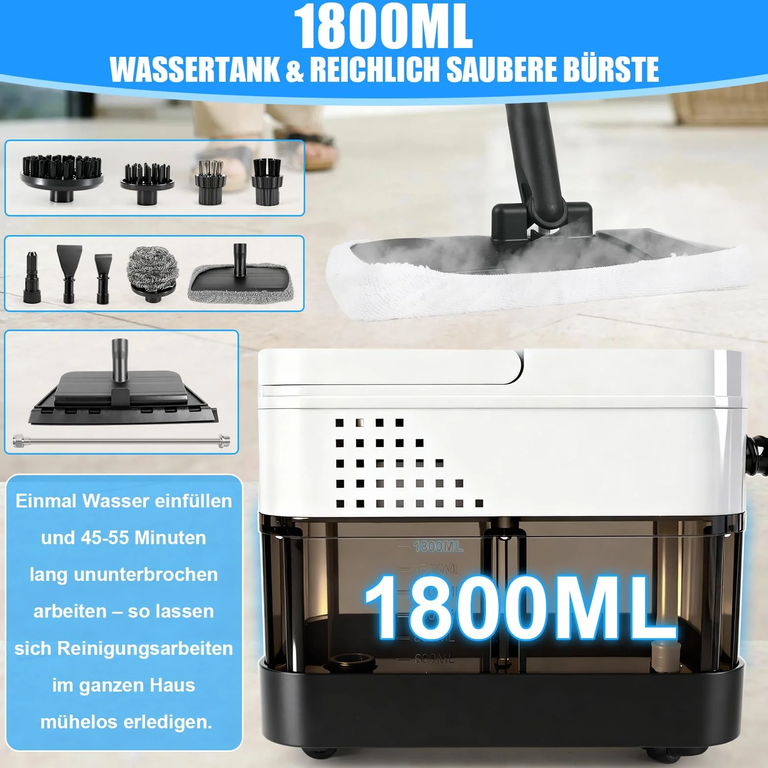 Odkurzacz parowy ręczny, 2500W odkurzacz ręczny z parą do wszystkiego z 19 akcesoriami, ciśnienie pary 1800 ml zbiornika, przenośny odkurzacz parowy do okien, kuchni, podłóg, samochodów