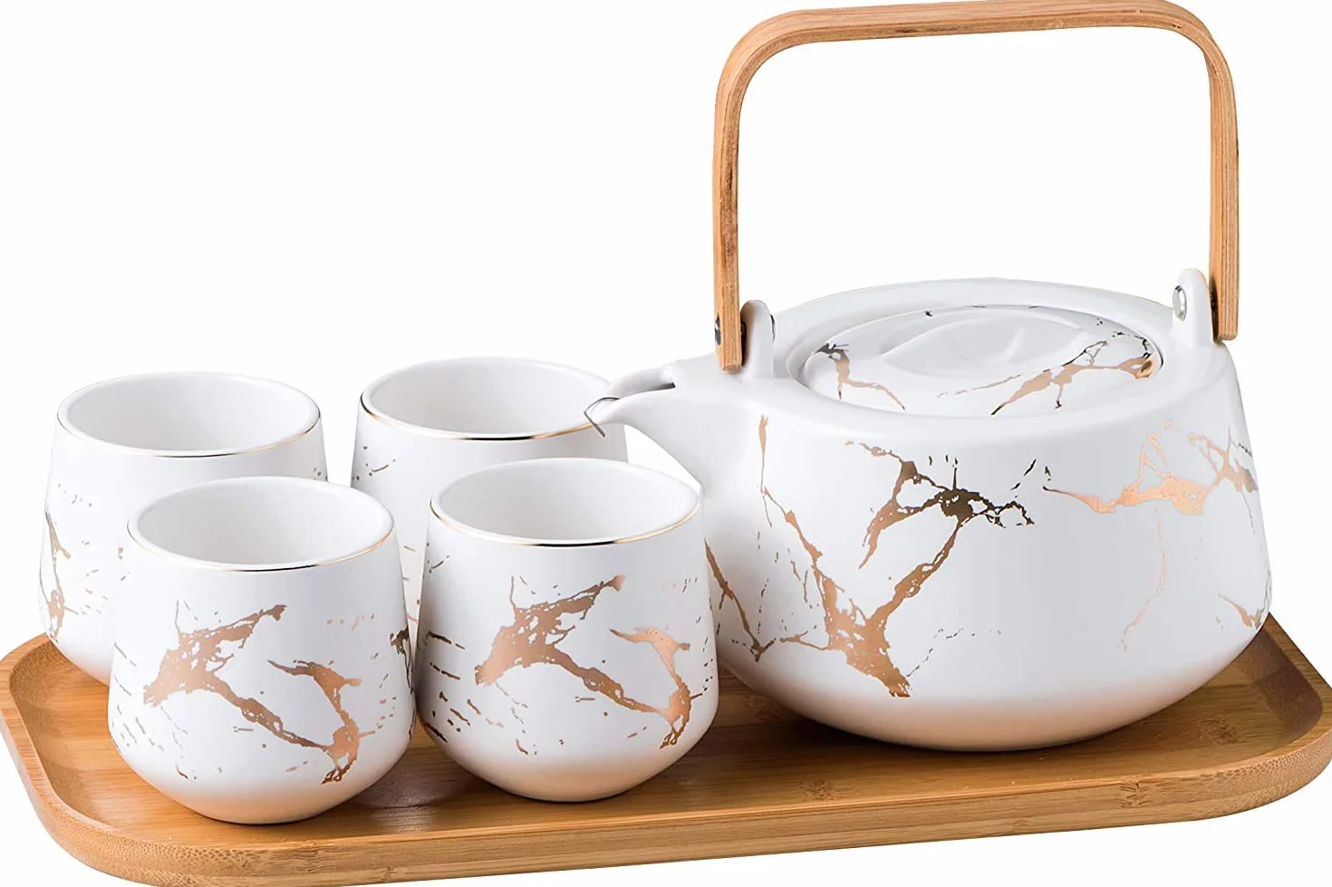 Ceramiczny zestaw do herbaty w japońskim stylu, elegancki czajniczek i 4 filiżanki do herbaty z drewnianą tacą na popołudniową herbatę, wystrój domu, restauracji, herbaty, przyjęcie, marmurowe