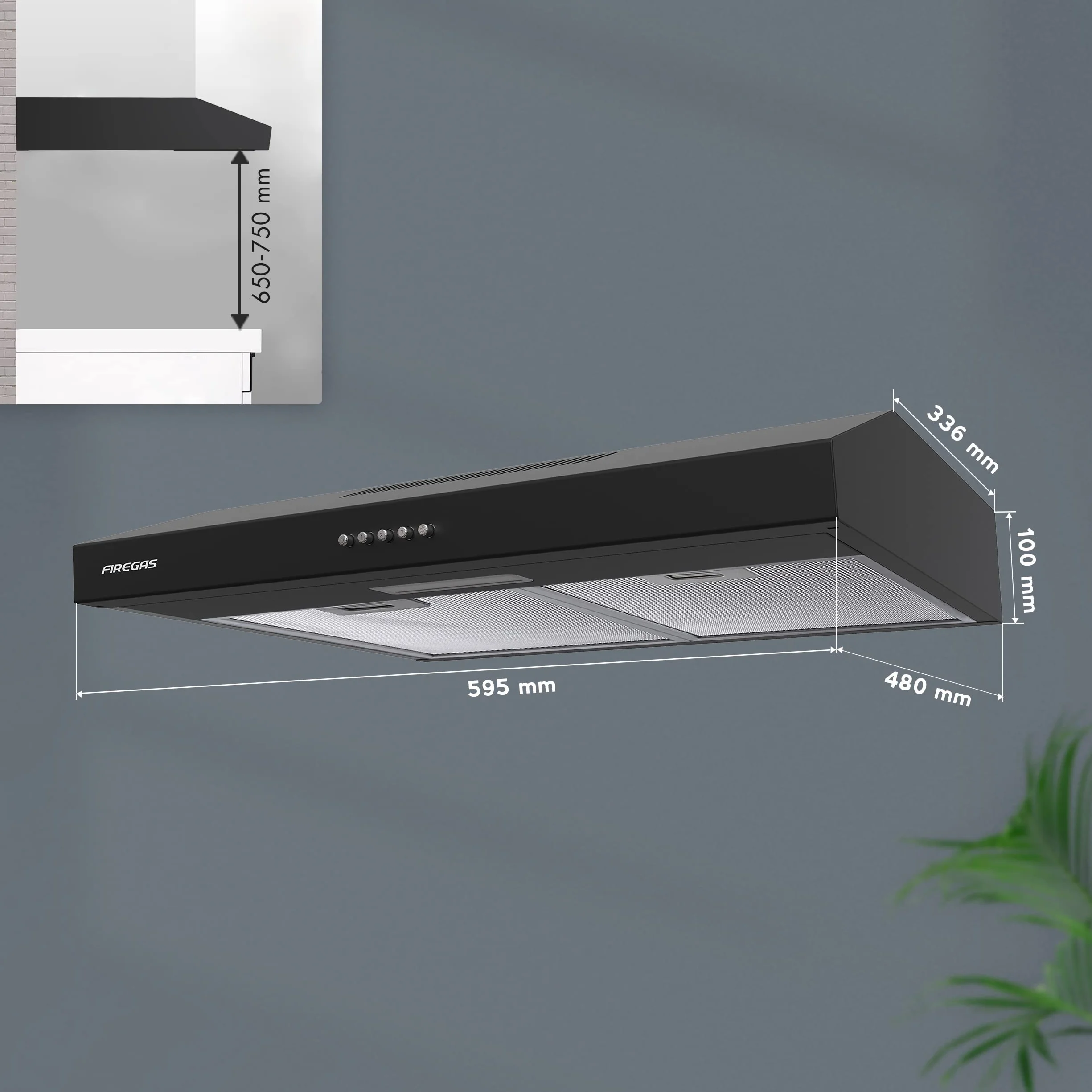 FIREGAS Okap kuchenny 60 cm, do zabudowy, 3 poziomy mocy, może być odprowadzany lub obiegowy, zintegrowany okap do zabudowy górnej, kompatybilny filtr węglowy CC130, czarny