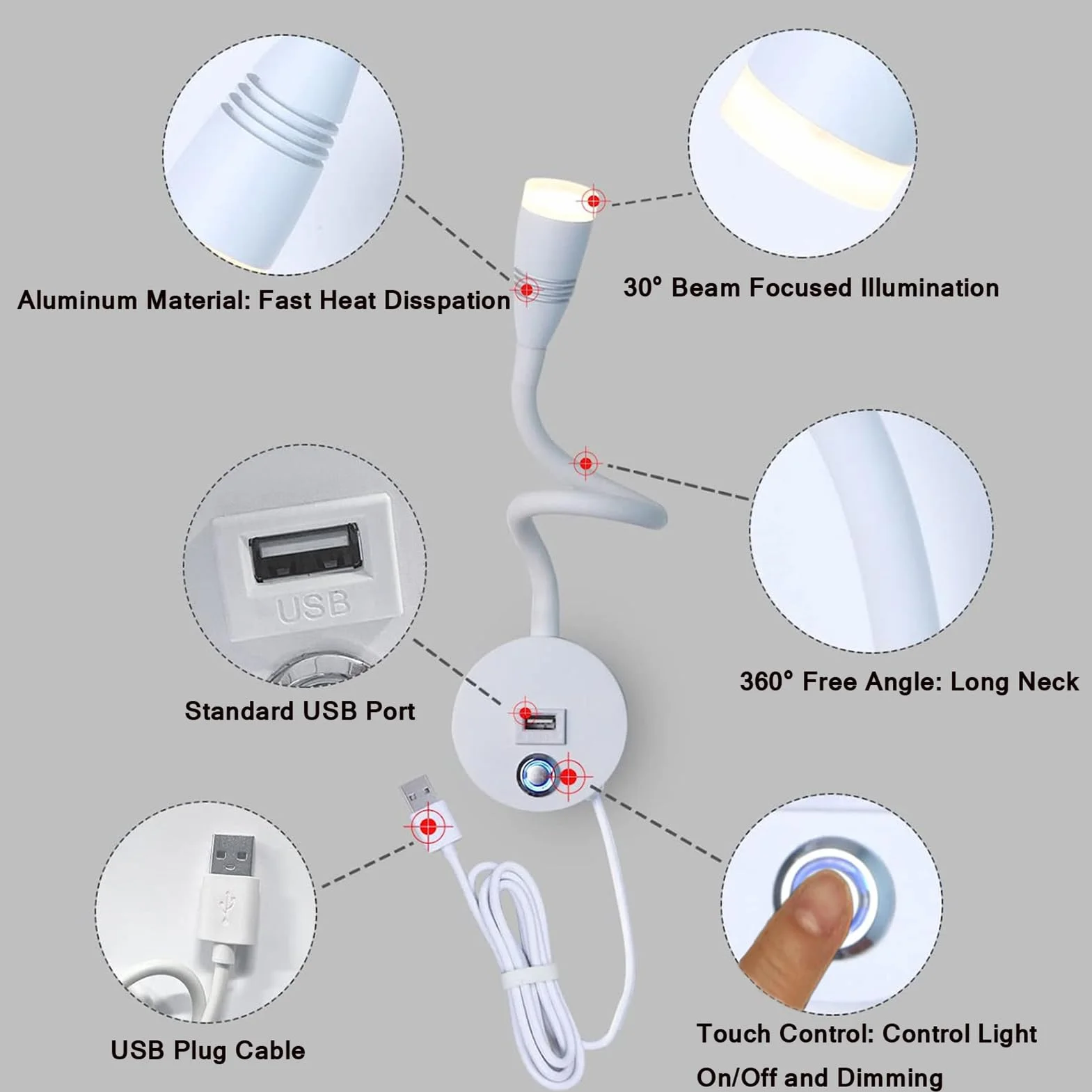 lampa ścienna led 6W światło do czytania, Lampka do czytania z przełącznikiem, Lampa na gęsiej szyi łabędzia lampa do czytania nowoczesna regulowane oświetlenie ścienne, Ściemniania 3000K-6500K, z kablem o długości 1,9 m i wtyczką