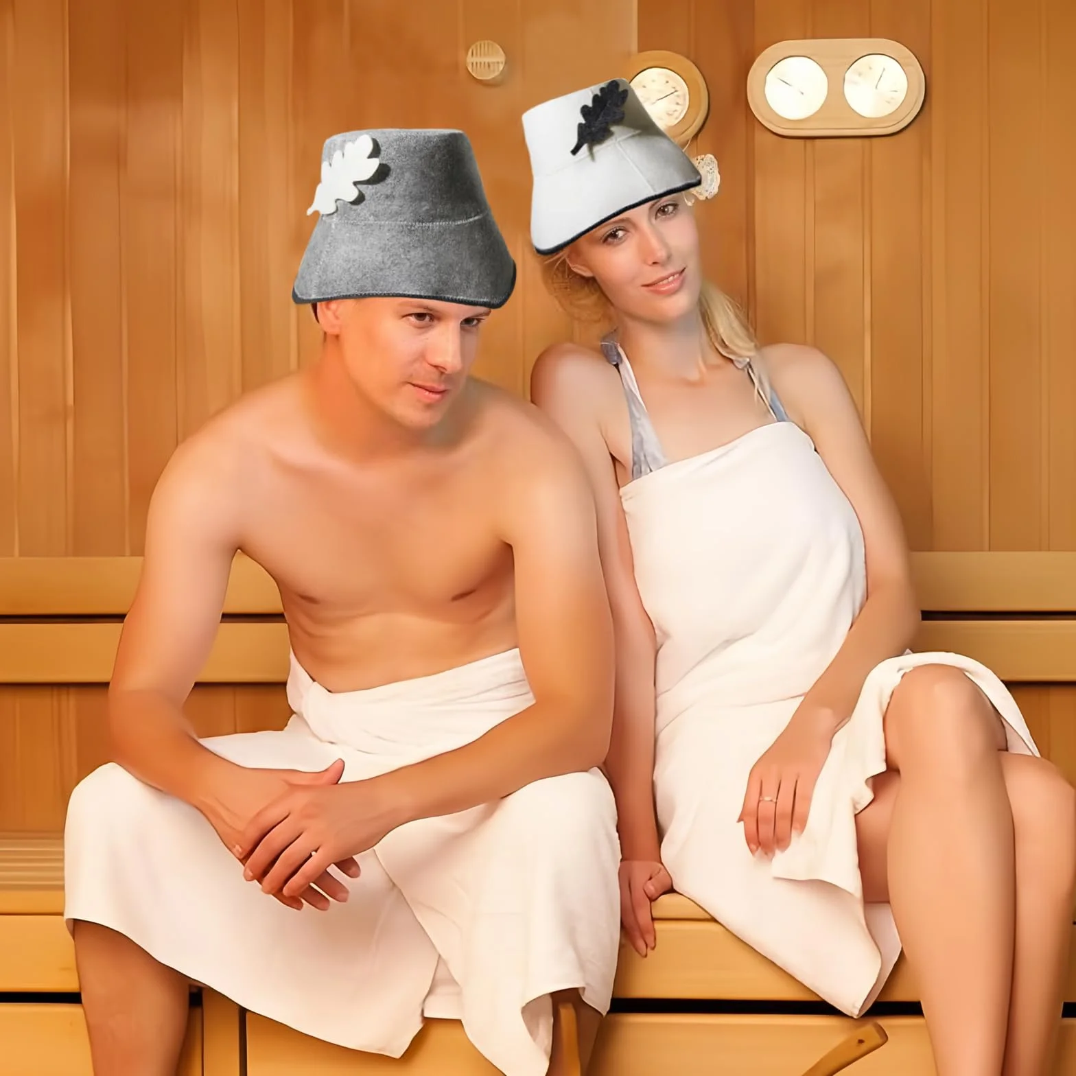 Kapelusz do sauny, 2 filcowe kapelusze dla kobiet i mężczyzn, w zestawie czapka do sauny, wełna z wełny, dla kobiet i mężczyzn, czapka wellness (biała i szara)