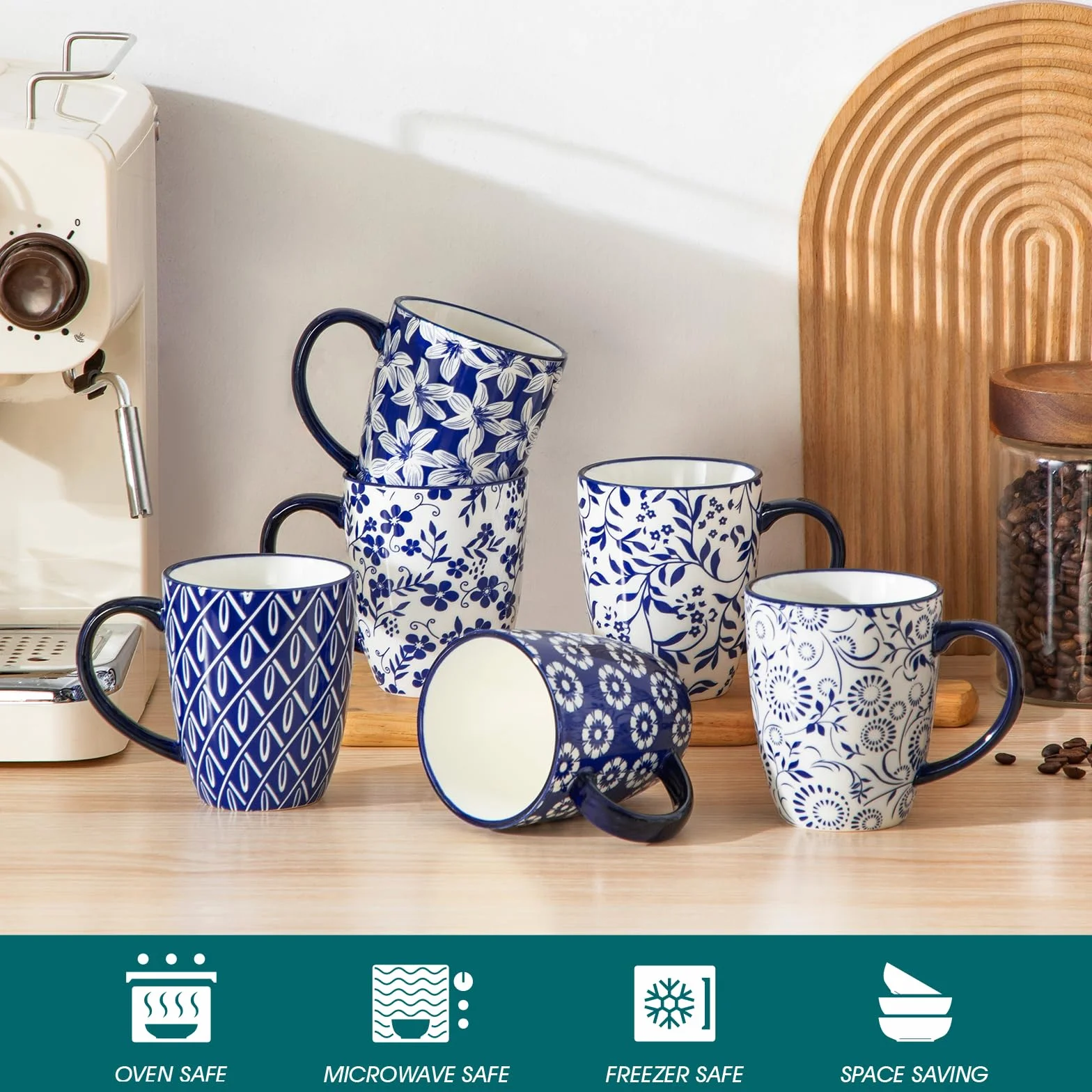 vancasso Zestaw 6 filiżanek do kawy, SELENE filiżanki z porcelany, 360 ml kubek do kawy z uchwytem, filiżanka do kawy, mleka, herbaty i kakao, vintage niebiesko-biały