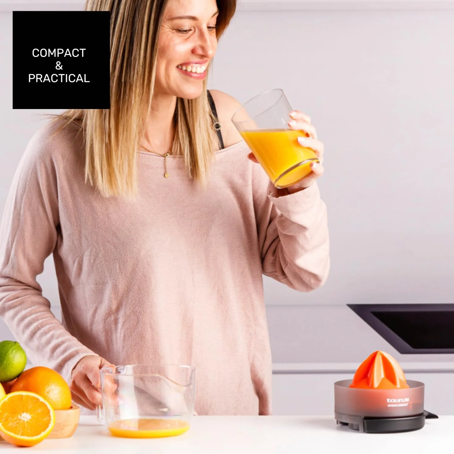 Taurus Citrus Compact elektryczna wyciskarka do pomarańczy, podwójny kierunek obrotu, duży stożek, BPA Free