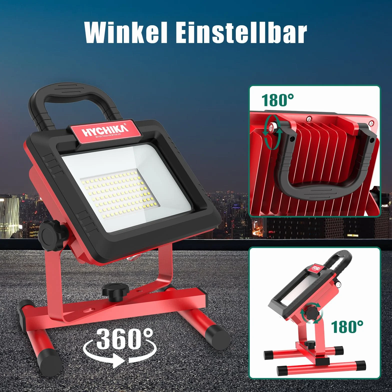Reflektor budowlany LED 100W, HYCHIKA Reflektor LED 12000 LM 6500K, 2 tryby regulowanej jasności, 360 stopni obrotu Wodoodporne IP65 Światło robocze obrotowe, 3 m kabel z wtyczką do warsztatu budowy