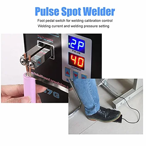 Pulse Spot Welder Podwójne Tryby Spawania, Oświetlenie LED, Przełącznik Nożny, Ustawienia Ciśnienia Prądu Spawania, Stop Aluminium, Czarny (Wtyczka UE 220)