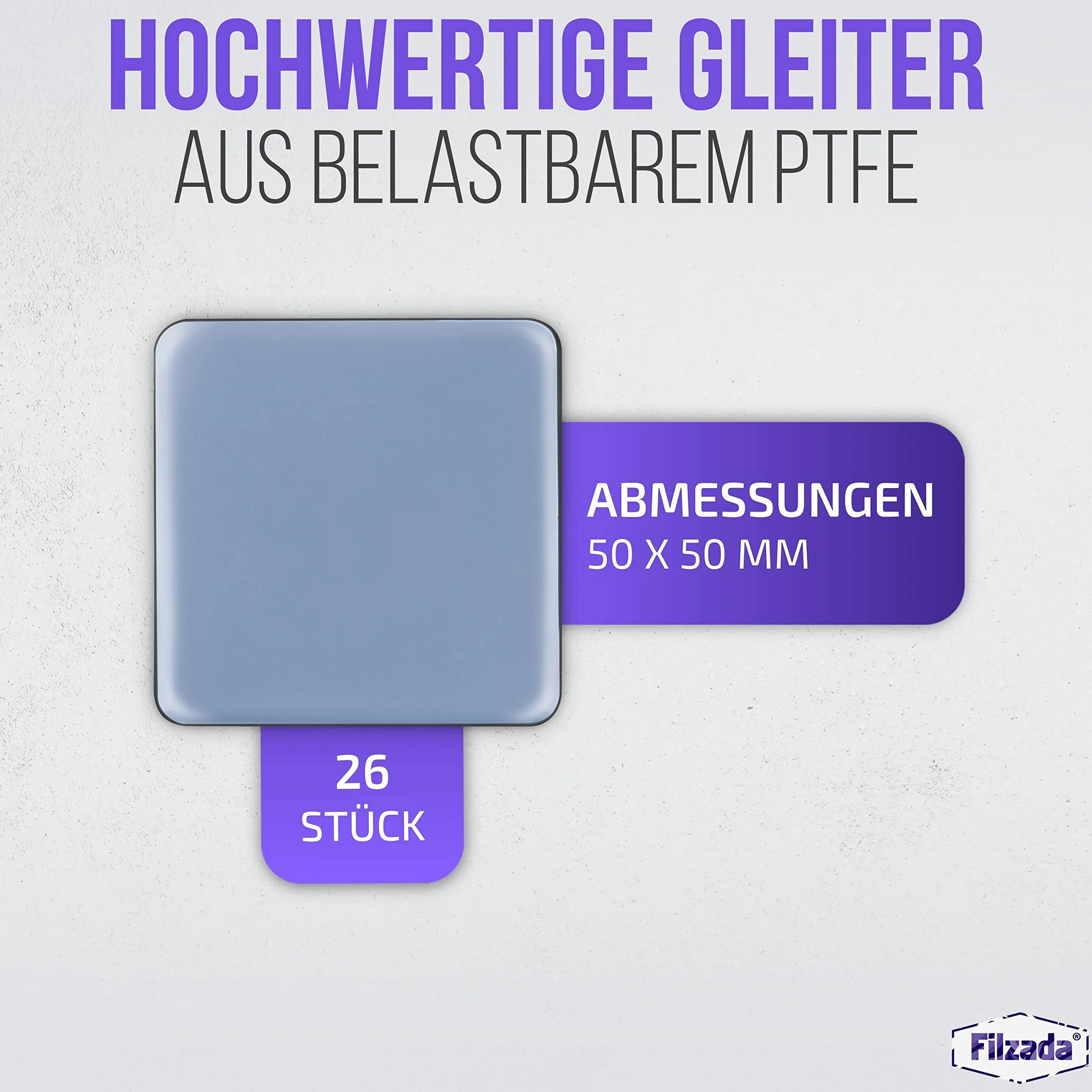Filzada® 26x Ślizgacze teflonowe samoprzylepne - 50 x 50 mm (kątowe) - profesjonalne ślizgacze meblowe/ślizgacze dywanowe PTFE (teflon)