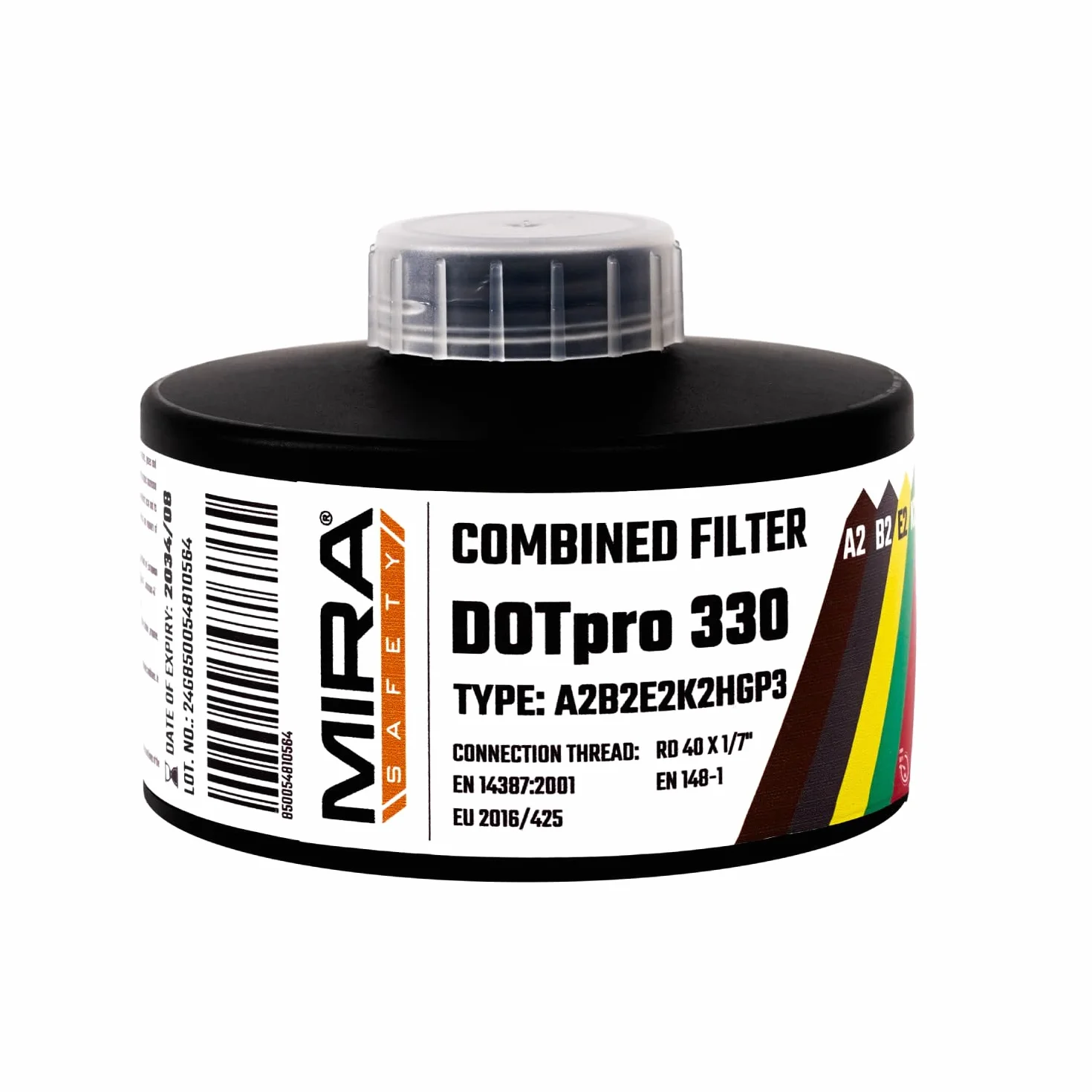 MIRA Safety DotPro 330 filtr maski gazowej klasy przemysłowej | A2 B2 E2 K2 HG P3 ocena filtra | długi okres przydatności do spożycia, filtr NATO 40 mm, pasuje do masek gazowych CBRN