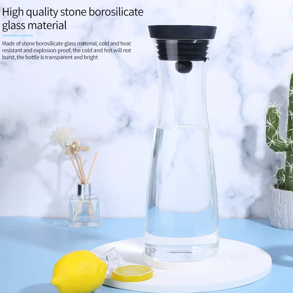 Karafka ze szkła borokrzemowego 1200 ml, dzbanek z pokrywką ze stali nierdzewnej, pyłoszczelna pokrywka i wygodne nalewanie