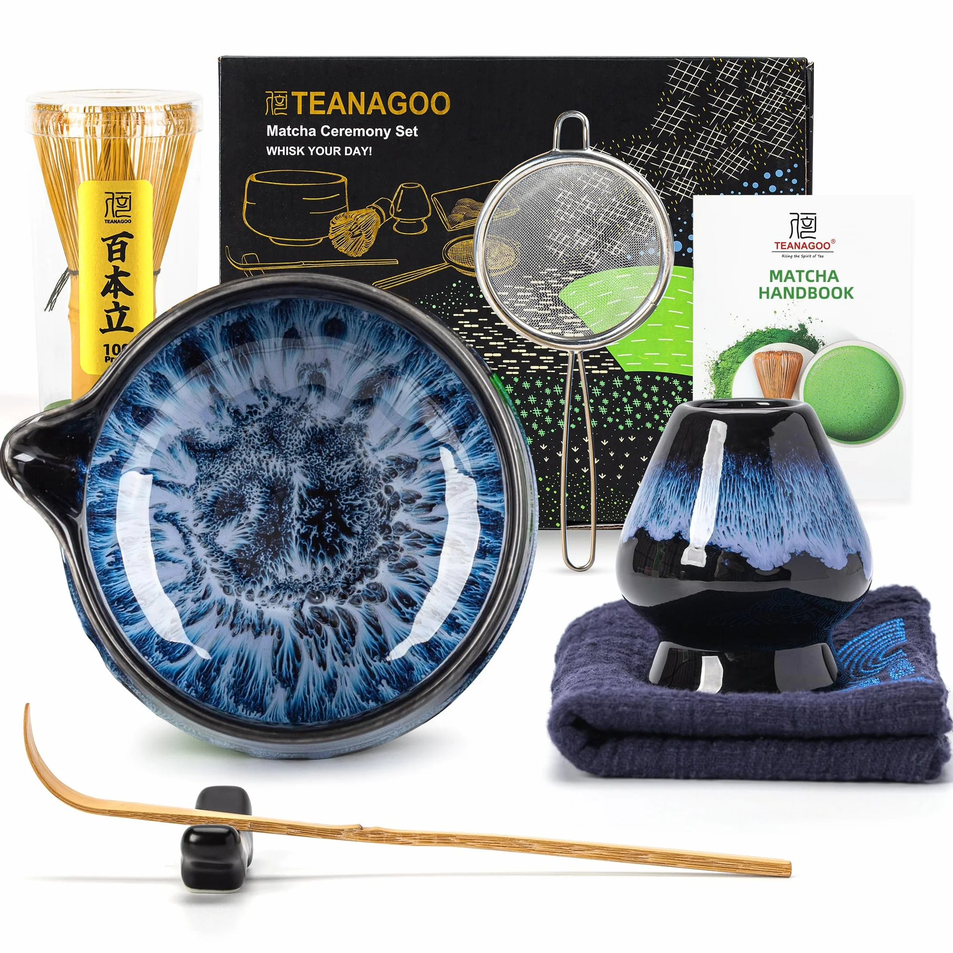 TEANAGOO Zestaw trzepaczek Matcha, zestaw matcha na ceremonię, zestaw matcha Junware-Blue, zestaw do herbaty Matcha do robienia śniadania/latte matcha, prezent dla miłośnika matchy, trzepaczka do