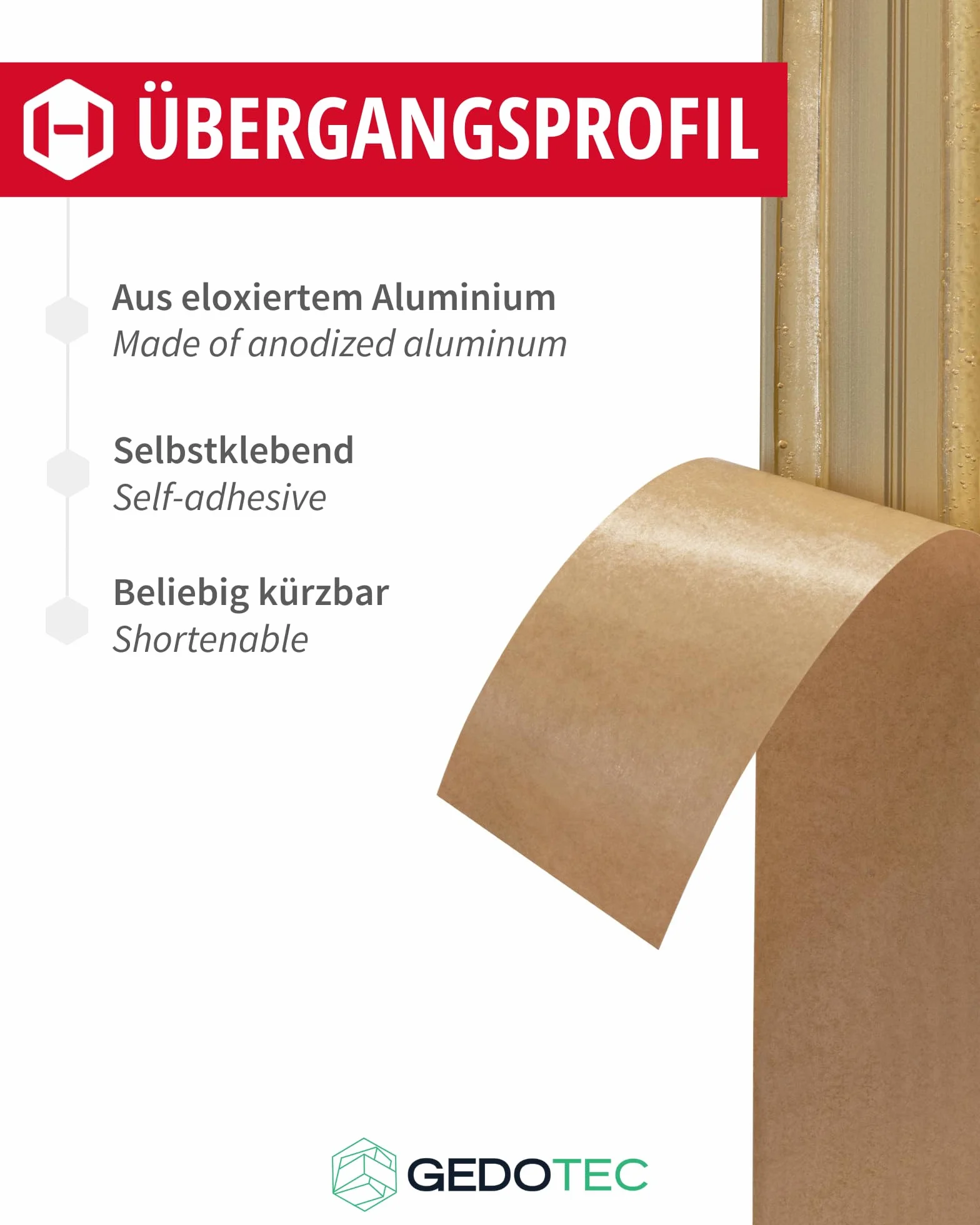 Gedotec Laminat listwa przejściowa winylu samoprzylepny profil podłogowy zakrzywiony | WYPRODUKOWANO W NIEMCZECH | Anodowany mosiądz aluminiowy | Profil 40 x 1000 mm | 1 szt.