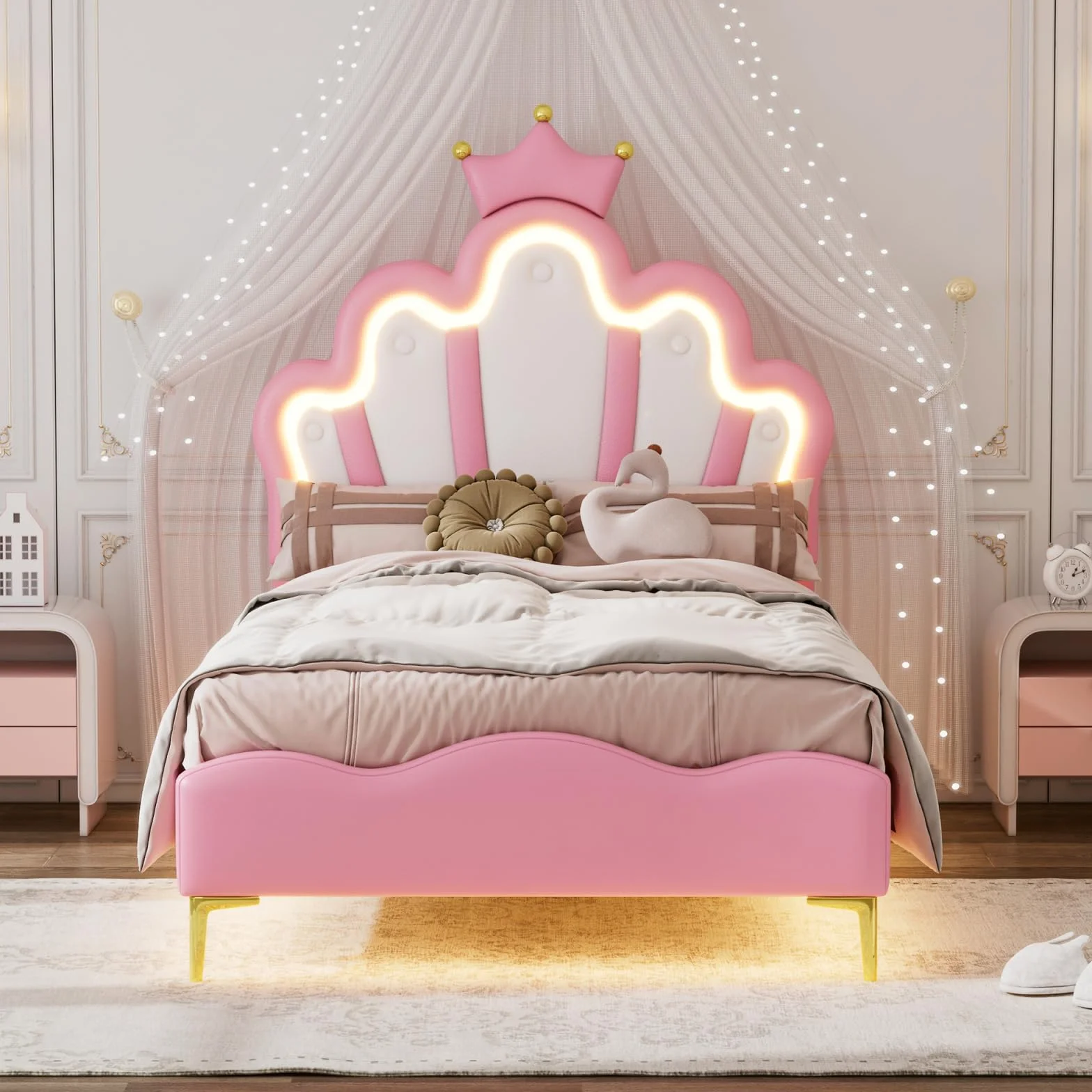 KeepGoon Łóżko dziecięce, tapicerowane, 90 x 200 cm, ze stelażem listwowym i oświetleniem LED, płaskie łóżko z zagłówkiem w kształcie chmury, łóżko księżniczki, w kształcie korony, miękkie wypełnienie