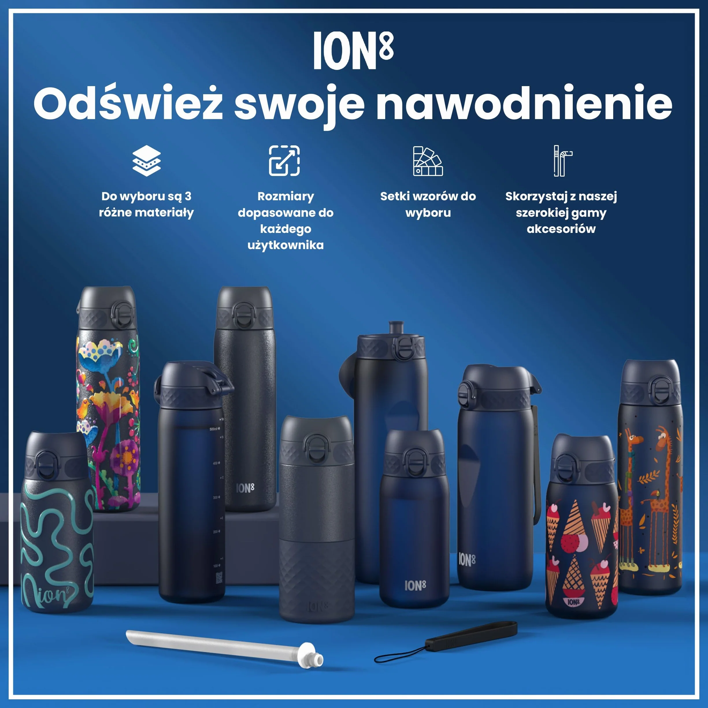 Ion8 Butelka na Wodę ze Stali, 600 ml/20 oz, Szczelna, Łatwe Otwieranie, Bezpieczny Zamek, Można Myć w Zmywarce, Higieniczne Pokrycie, Pasuje do Uchwytów, Składany Uchwyt, Metalowa Butelka