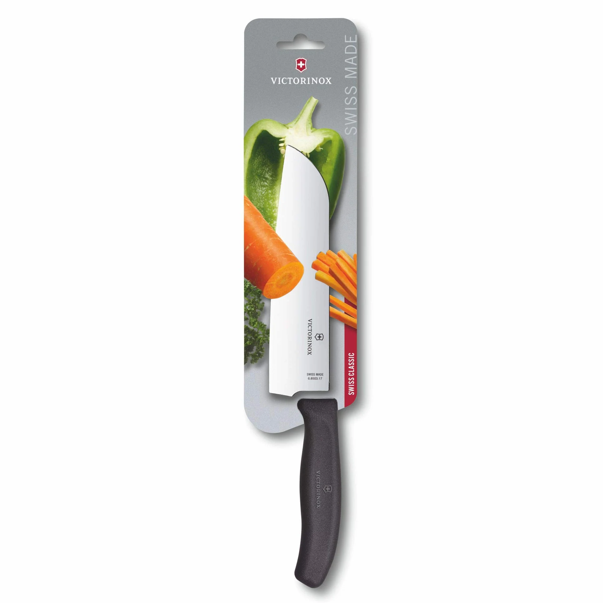Victorinox, 6.8503.17B, Swiss Classic, Santokumesser, Extra scharfe Klinge, mit geradem Schliff, robuster Kunststoff-Griff, Schwarz, Made in Switzerland, Spülmaschinengeeignet