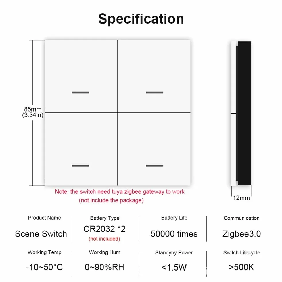 Tuya ZigBee Smart Scene Switch 4-biegowy Smart Switch 12 Scene Switch Push Button Controller obsługuje Home Assistant, łatwa instalacja