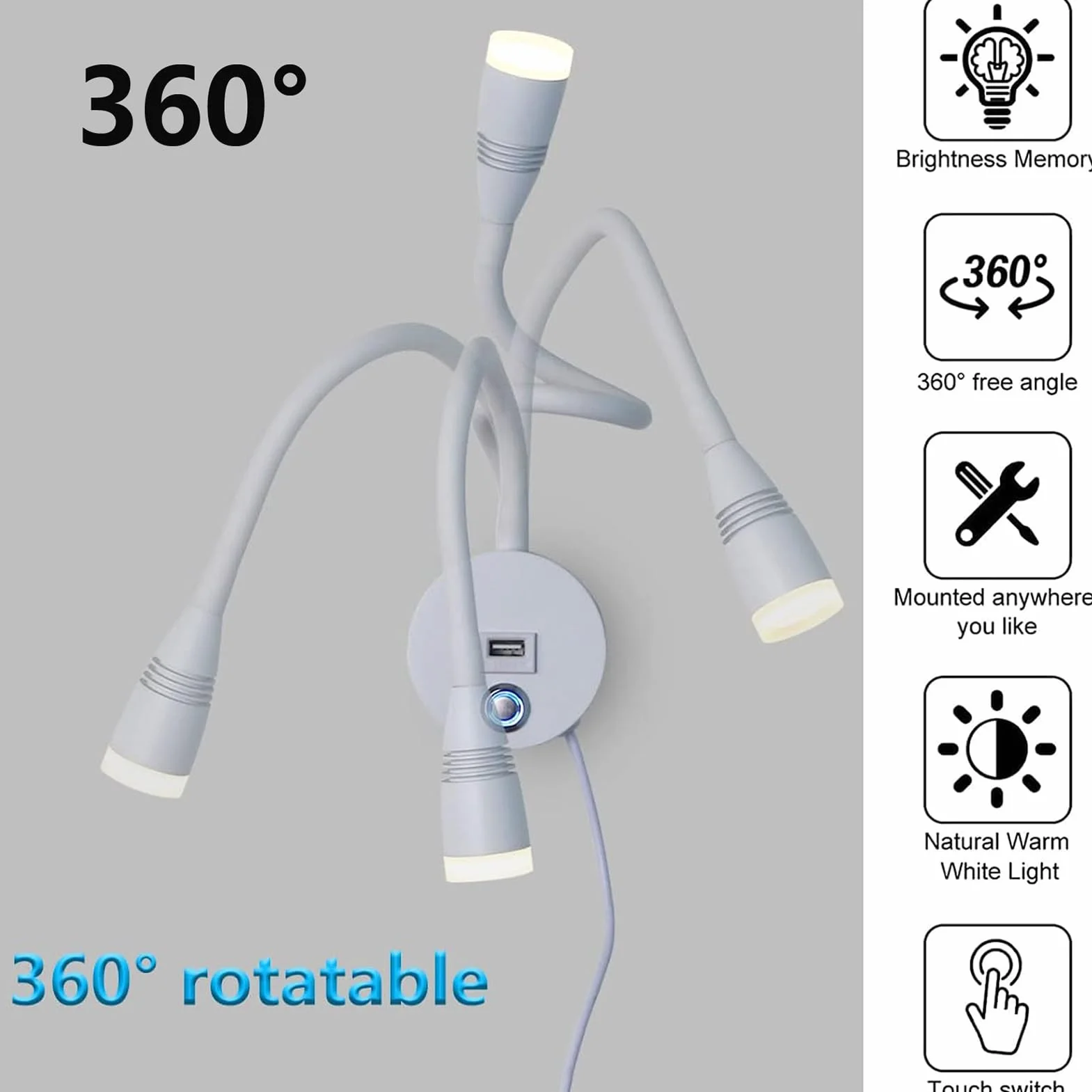 lampa ścienna led 6W światło do czytania, Lampka do czytania z przełącznikiem, Lampa na gęsiej szyi łabędzia lampa do czytania nowoczesna regulowane oświetlenie ścienne, Ściemniania 3000K-6500K, z kablem o długości 1,9 m i wtyczką