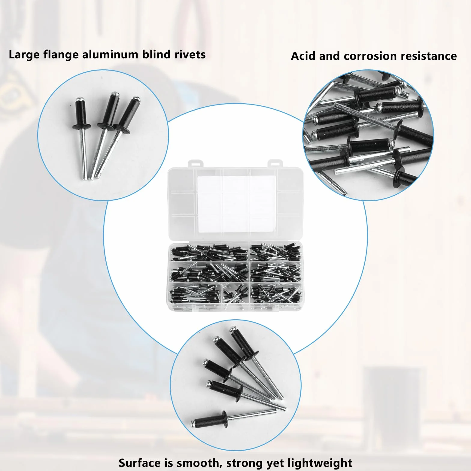 Zestaw 200 sztuk nitów zrywalnych aluminiowych, zestaw nitów zrywalnych, aluminiowe nity zrywalne z dużym kołnierzem, nity pop, nity stalowe, asortyment aluminiowych nitów do nitowania zrywalnego