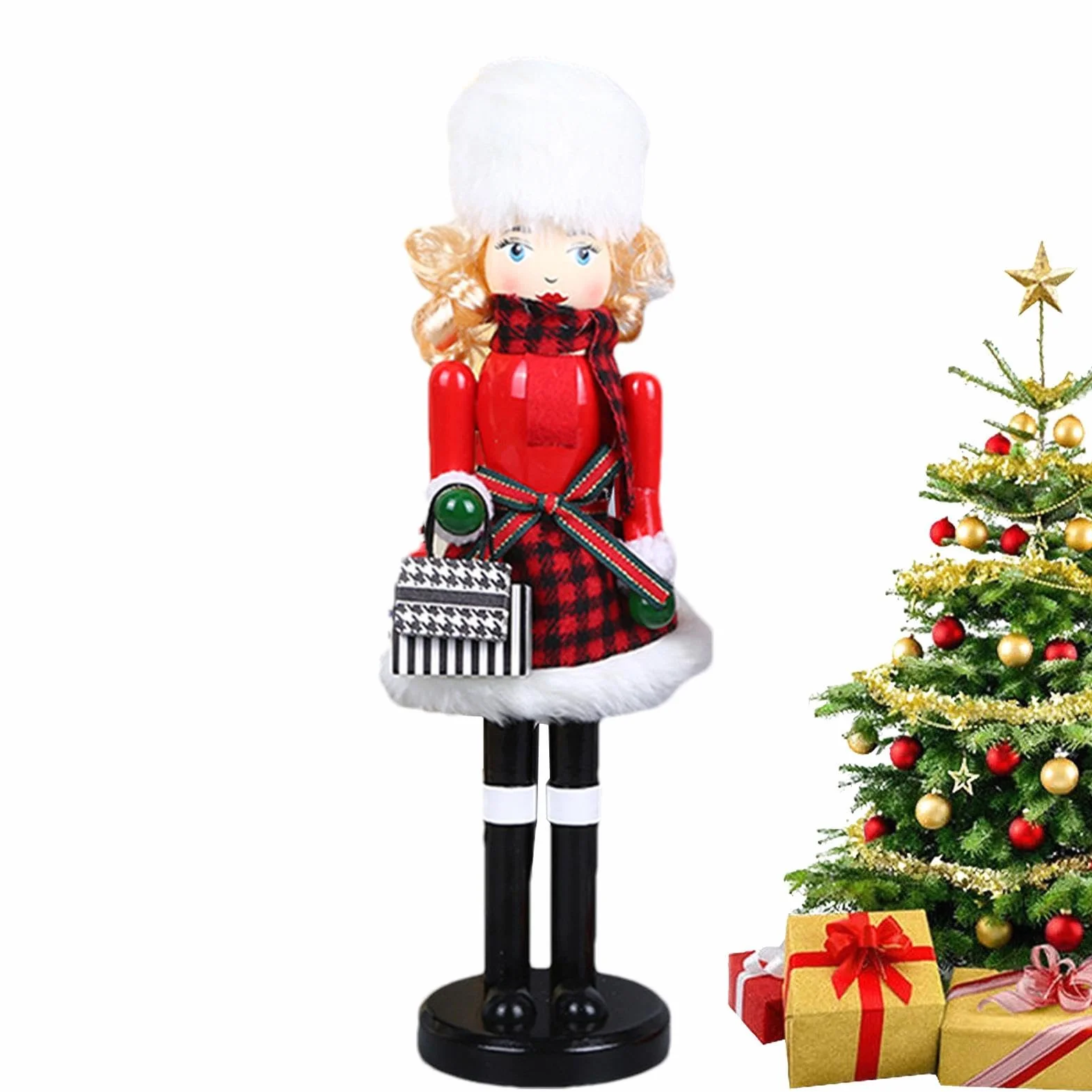 Woman Nutcracker Christmas Decorations, Wooden Nutcracker Figures 15.55x4.13 Inches, Puppet Christmas Table Decor, Bookshelf, Hotel, Cafe, Wood, Reusable Material