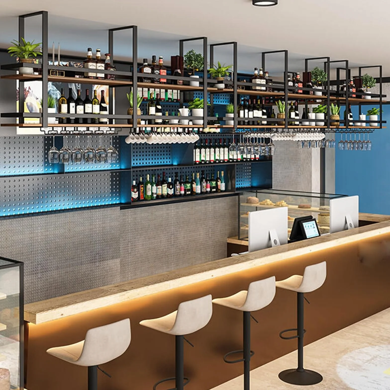 Montowany na suficie stojak na kieliszki do wina z żelazną półką ekspozycyjną na butelkę alkoholu, wielofunkcyjny, pływający organizer, półka do kuchni, 2-poziomowy, podwieszany metalowy stojak