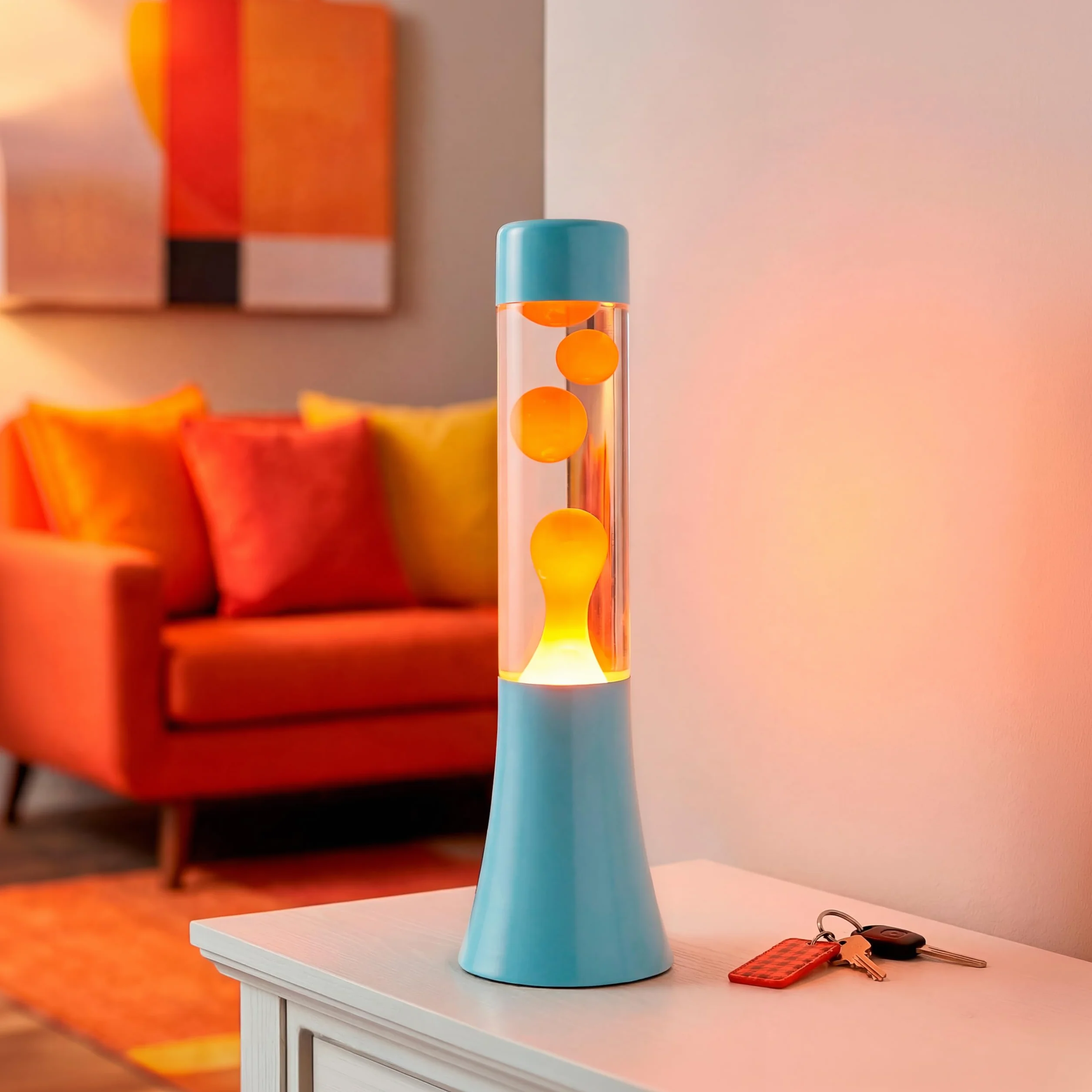 Fisura – Lampa lawa zielona 30 cm, lampa lawa relaksacyjna w stylu retro do domu, lampka dekoracyjna z niebieską podstawą i pomarańczowym płynem, oryginalny pomysł na prezent, 9 x 9 x 30 cm