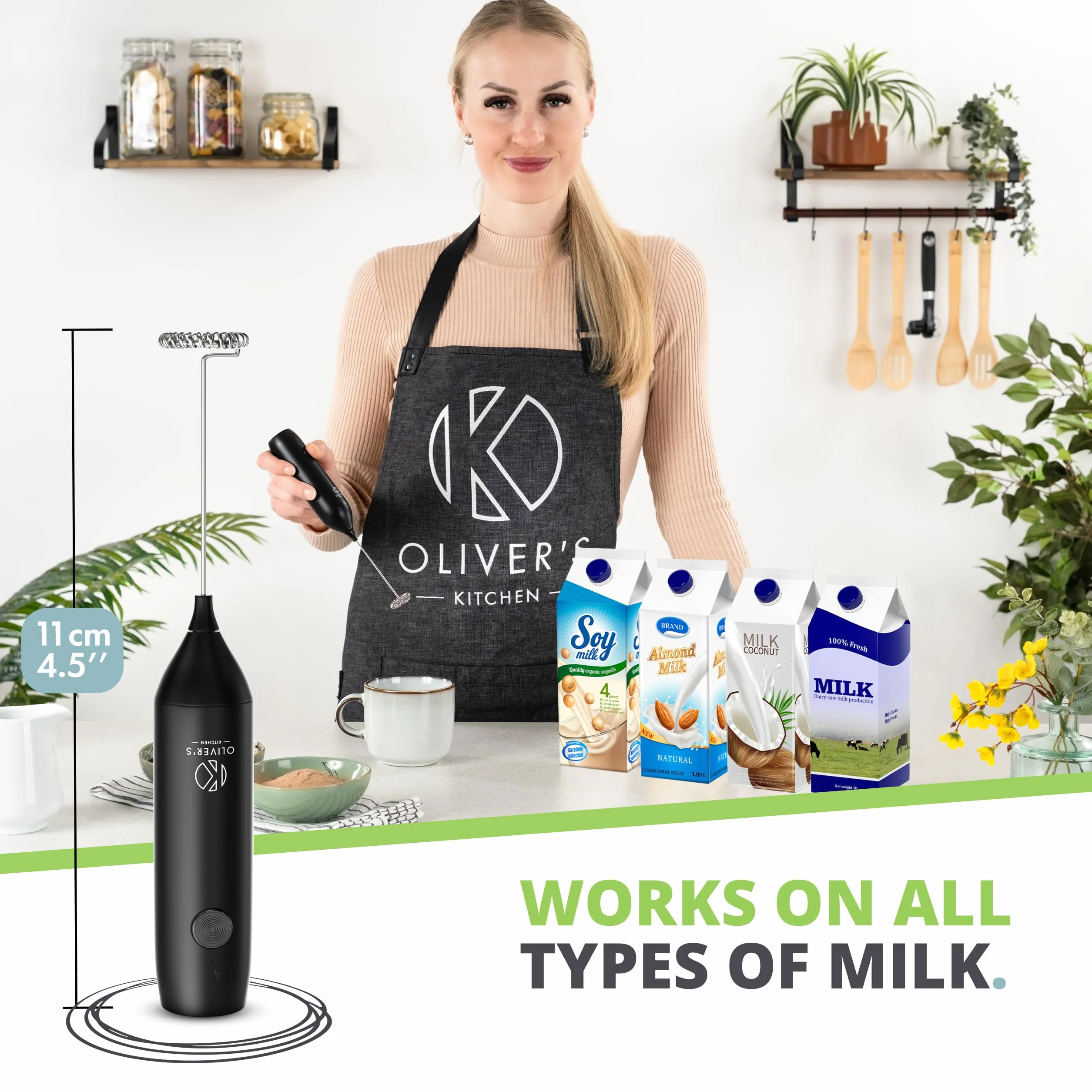 Oliver's Kitchen ® Wysokiej jakości spieniacz do mleka do wielokrotnego ładowania - spieniacz i ładowanie (Black)
