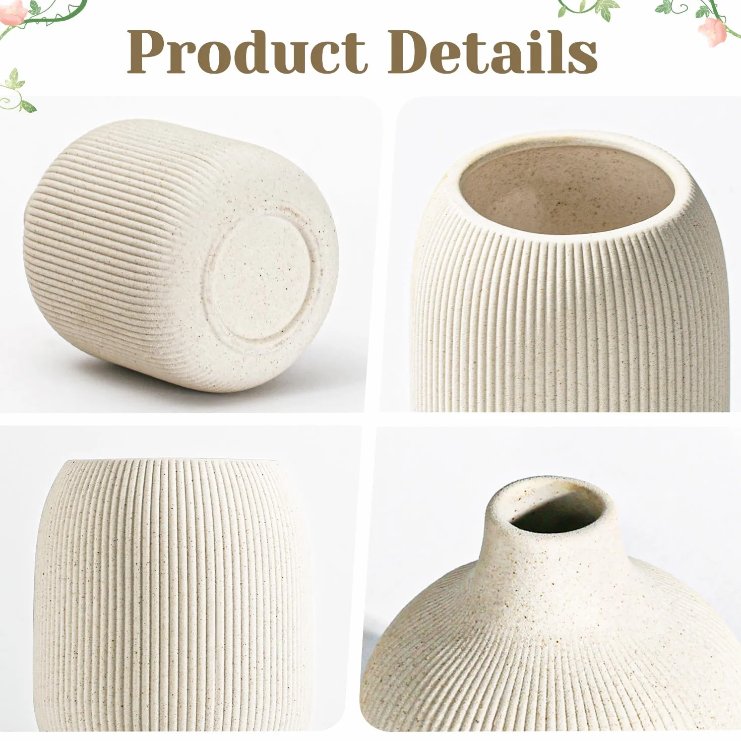 Dnnnii Zestaw 3 wazonów ceramicznych w nowoczesnym beżowym wykonaniu z prążkowaną fakturą, idealny do neutralnego i przejściowego wystroju domu - kolekcja dekoracyjnych minimalistycznych wazonów