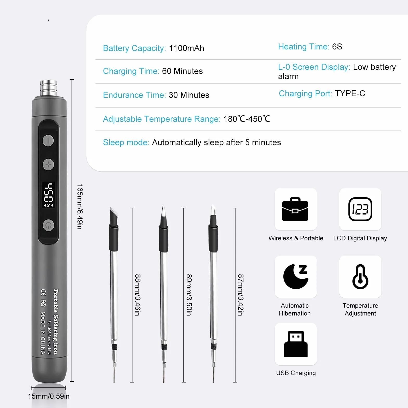 Flintronic Lutownica cynowa, bezprzewodowy zestaw lutowniczy, zestaw lutowniczy USB z wyświetlaczem LCD, regulowana temperatura od 180°C do 450°C, 3 punkty lutownicze, drut i pasta lutownicza, naprawa