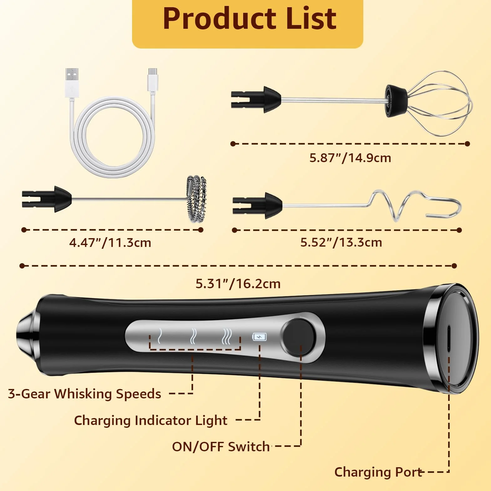 NEUTYPECHIC Elektryczny spieniacz do mleka, ładowany USB-C, z 3 prędkościami, zdejmowane, 3 głowice do spieniacza do kawy/latte/cappuccino/kremu/koktajli