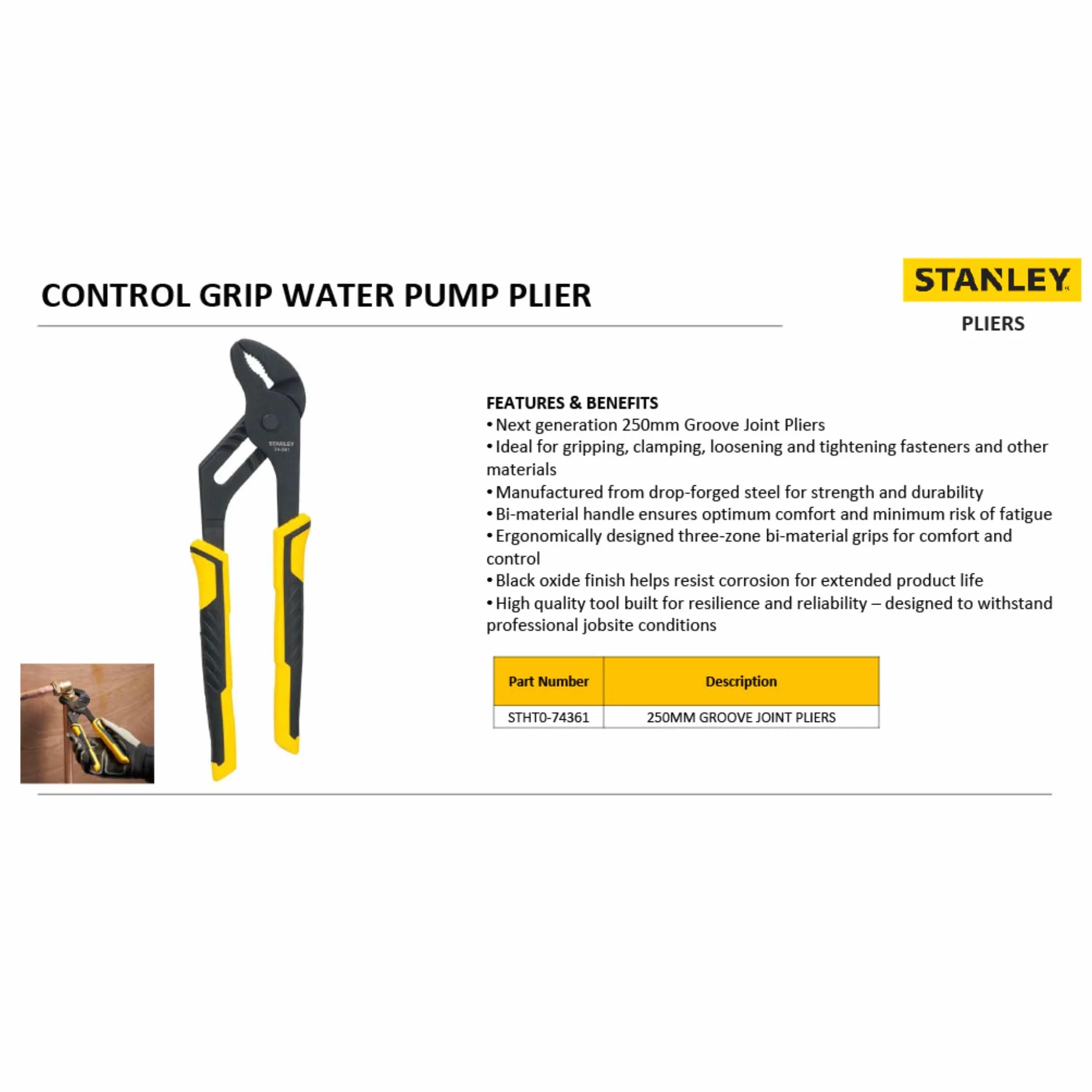 STANLEY Nowoczesny Szczypce control grip cremallera 250mm dla profesjonalistów i majsterkowiczów do codziennego użytku 250mm