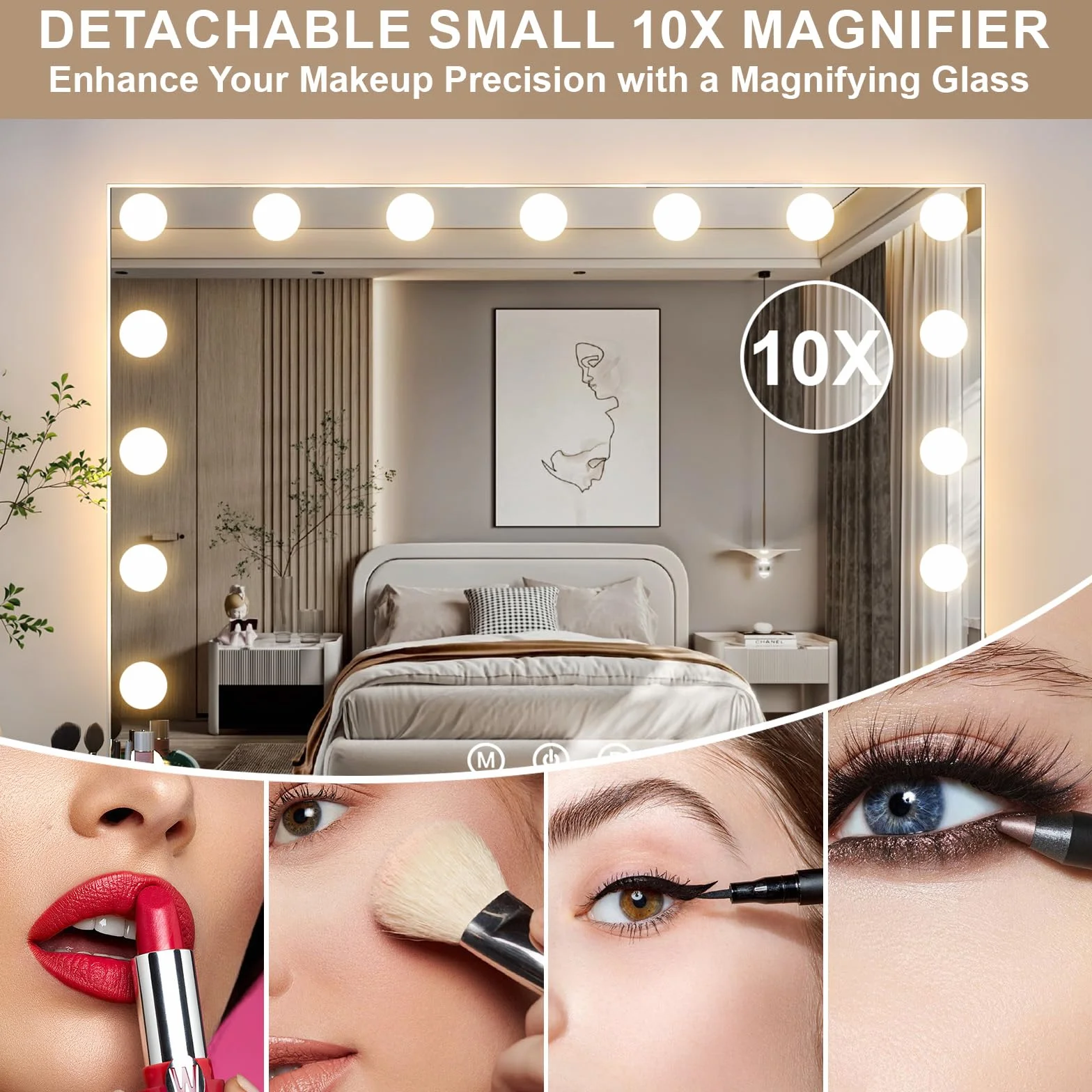 Lustro do makijażu z oświetleniem, hollywoodzkie lustro z 17 lampkami, 3 kolory światła, lusterko kosmetyczne z USB i lupą 10 x, lustro ścienne, lustro stołowe do makijażu (70 x 55 cm)