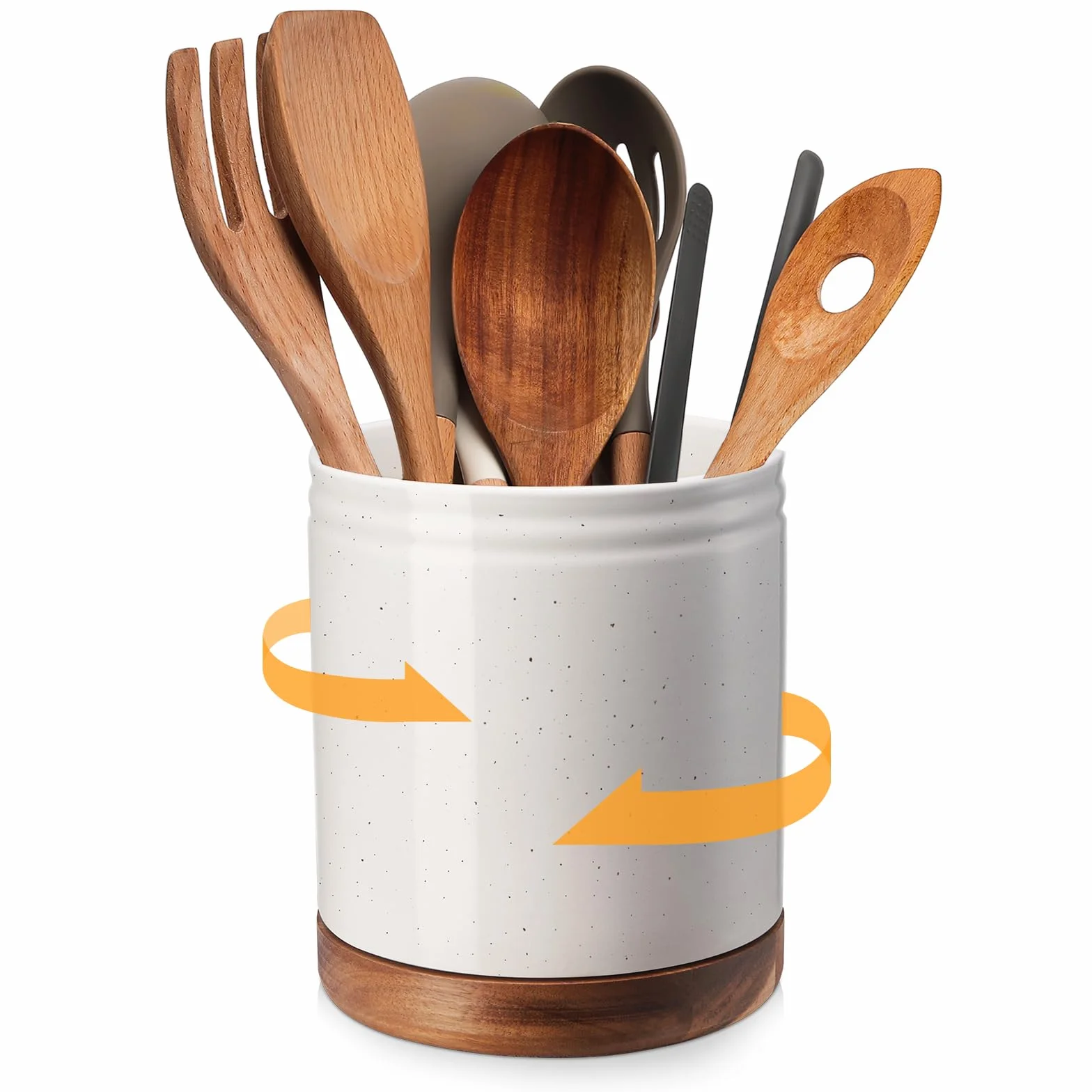 DOWAN Portautensili girevole a 360°, grande portautensili in ceramica bianca, organizer per utensili da cucina con protezione sul piano di lavoro, fondo in sughero per casa colonica e cucina, regalo