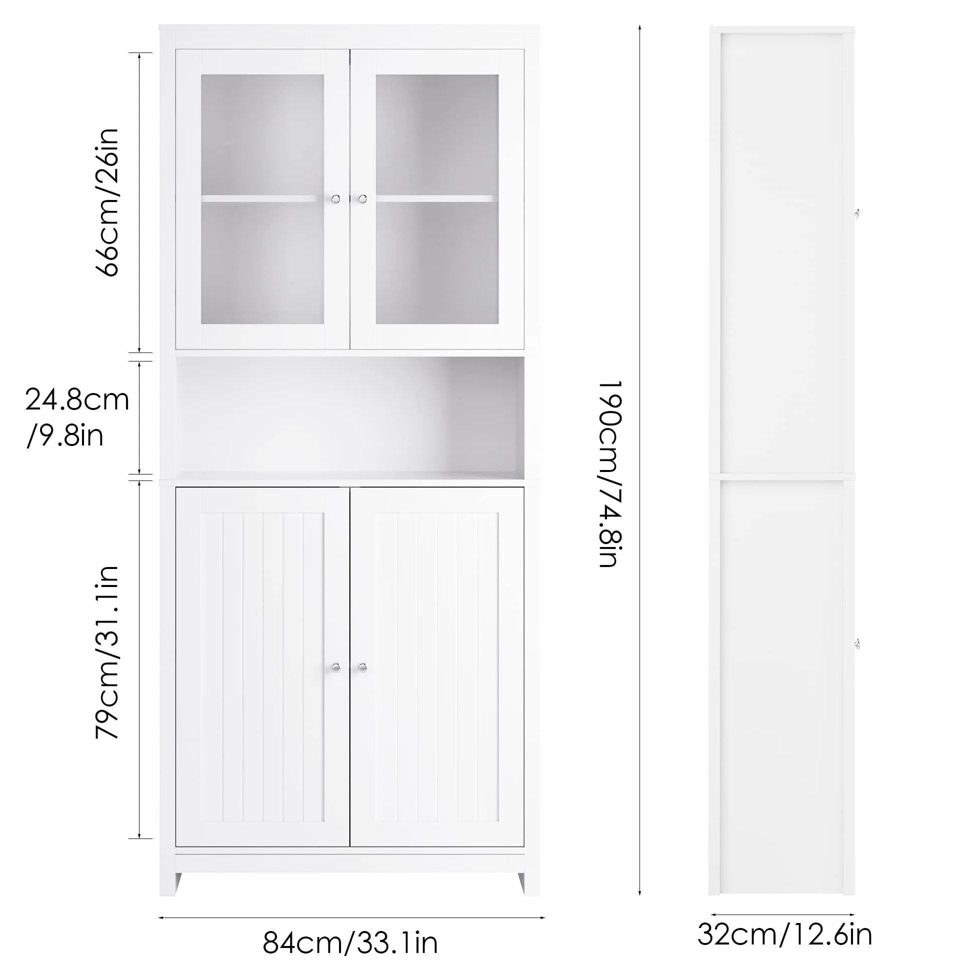 FOREHILL Wysoka szafka, 190 cm, witryna z 4 drzwiczkami, szafka kuchenna, szafka na książki, do kuchni, salonu, biura, jadalni, biała