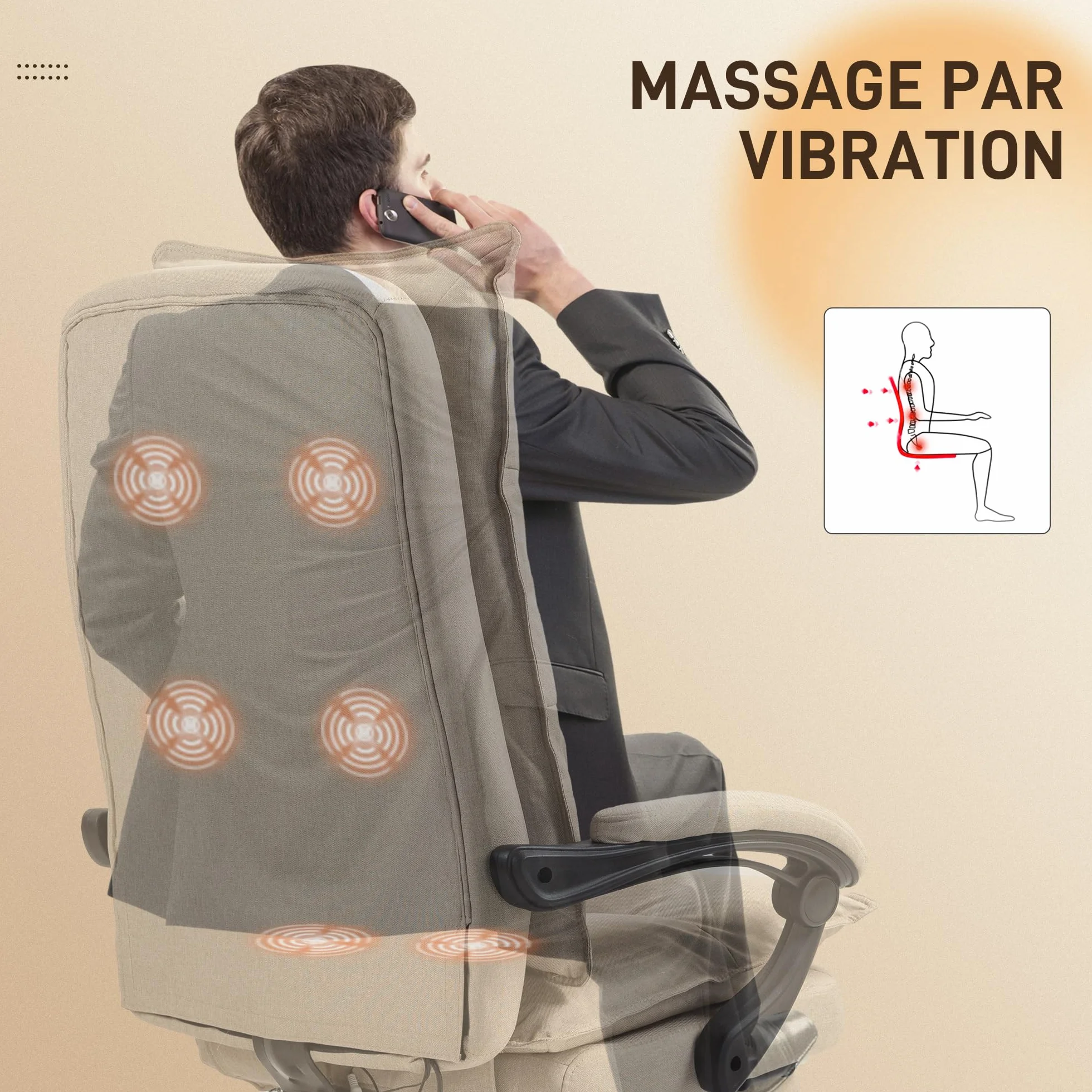 Vinsetto Fotel biurowy z funkcją masażu, krzesło biurowe, ergonomiczne krzesło z regulowaną wysokością, odchylane oparcie, zintegrowany podnóżek i kablowy pilot zdalnego sterowania, obracany o 360°