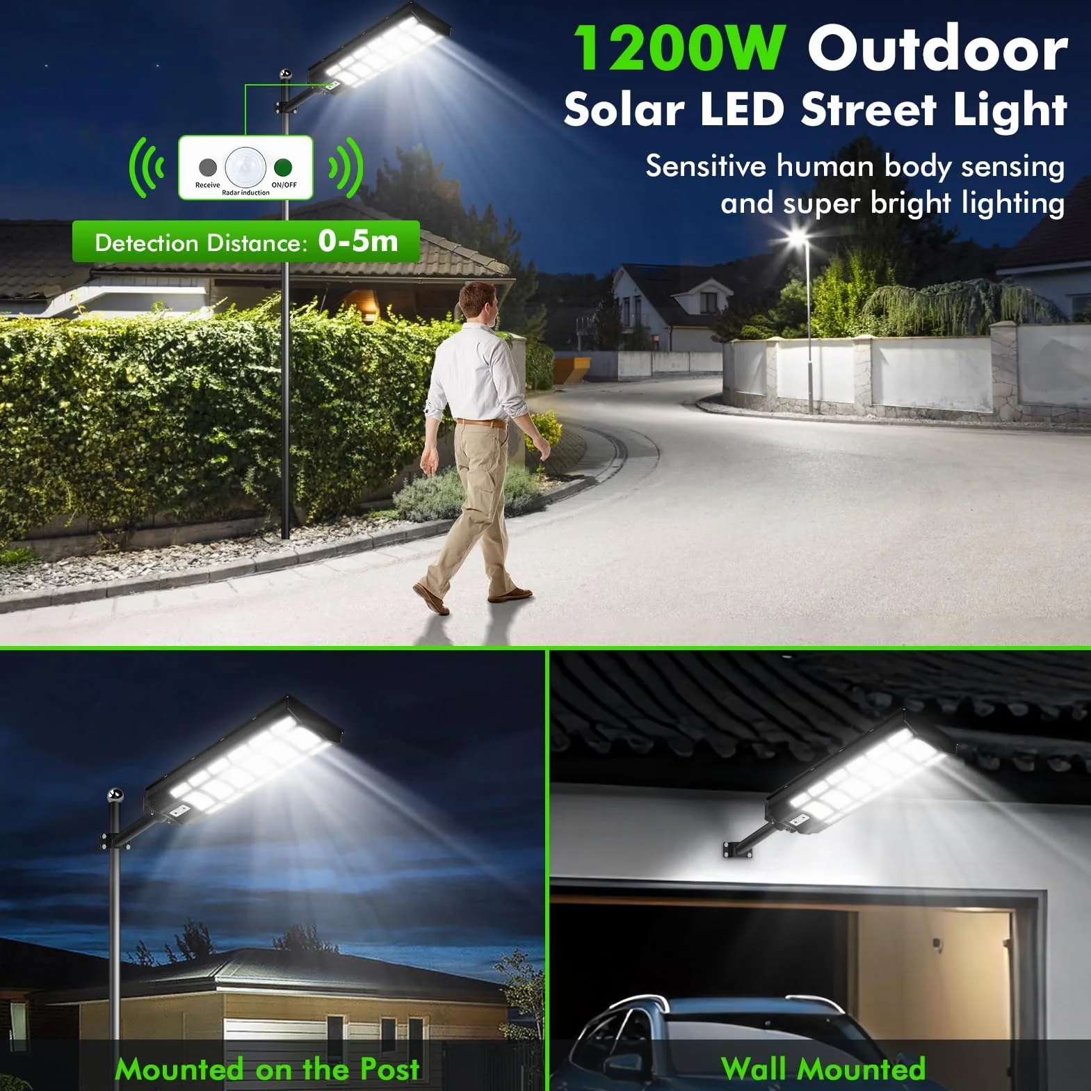 Solarna lampa uliczna LED z pilotem zdalnego sterowania, 1200 W, 6500 K, z czujnikiem ruchu, od zmierzchu do świtu, klasa wodoszczelności IP67, wodoszczelna lampa uliczna do ulicy, garażu