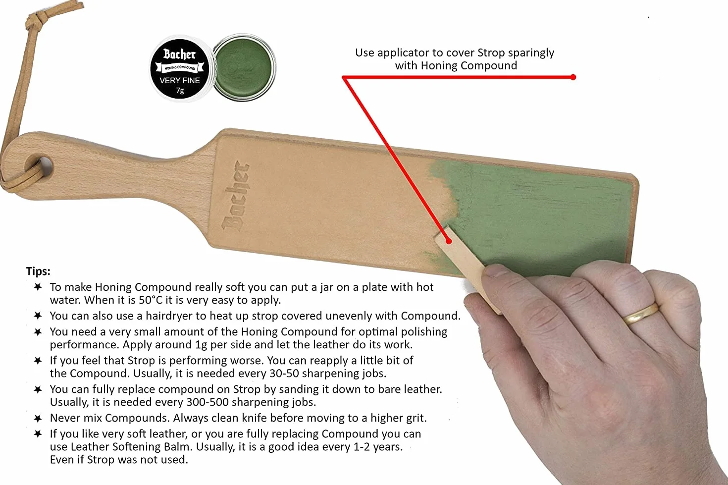 BACHER Zestaw DIY Strop – Skórzany Pas do Ostrzenia Noży z Pastami Polerskimi - 1/8" gruba, garbowana skóra bydlęca (206 mm x 56 mm), taśma klejąca 3M, 4 x 7 g zestaw past polerskich