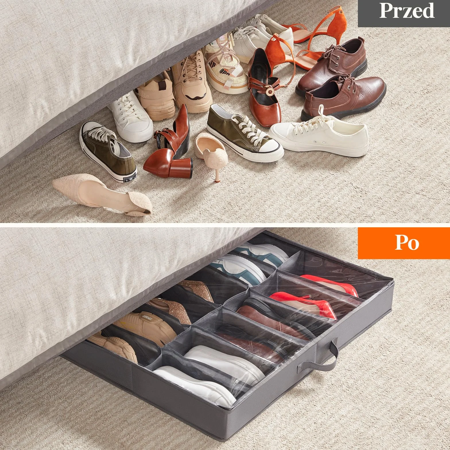 Lifewit Organizer na Buty z Przezroczystym Okienkiem, 12 Par + 4 Par, Składany Pojemnik do Przechowywania pod Łóżko z Uchwytem, Szary