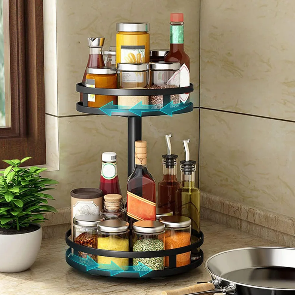 YunNasi Organizer na Przyprawy Lazy Susan Organizer Stojak na Olej Stalowy do Szafki Kuchni Przechowywania Oleju do Spiżarni i Przechowywania w Kuchni (Okrągły, 2Tier)