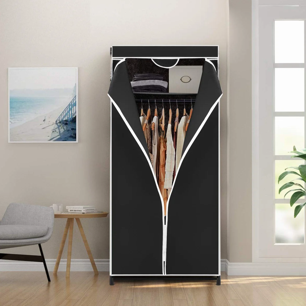 GOPLUS Szafa na ubrania, materiałowa szafa z zamkiem błyskawicznym i drążkiem na ubrania, składana szafa z materiału, do sypialni, 74 x 50 x 172 cm (czarna)